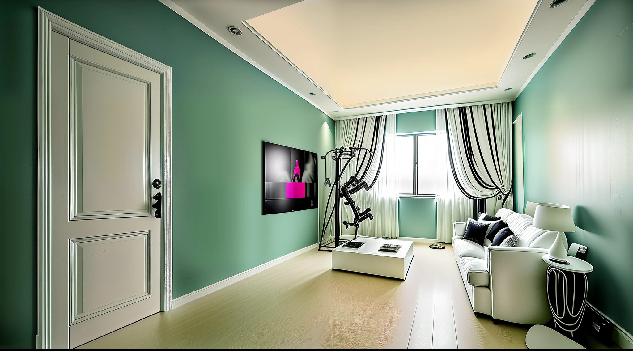 The living room is sporty,Fashionab,Raised sexy,contrast color,Fitness equipment decorates the room