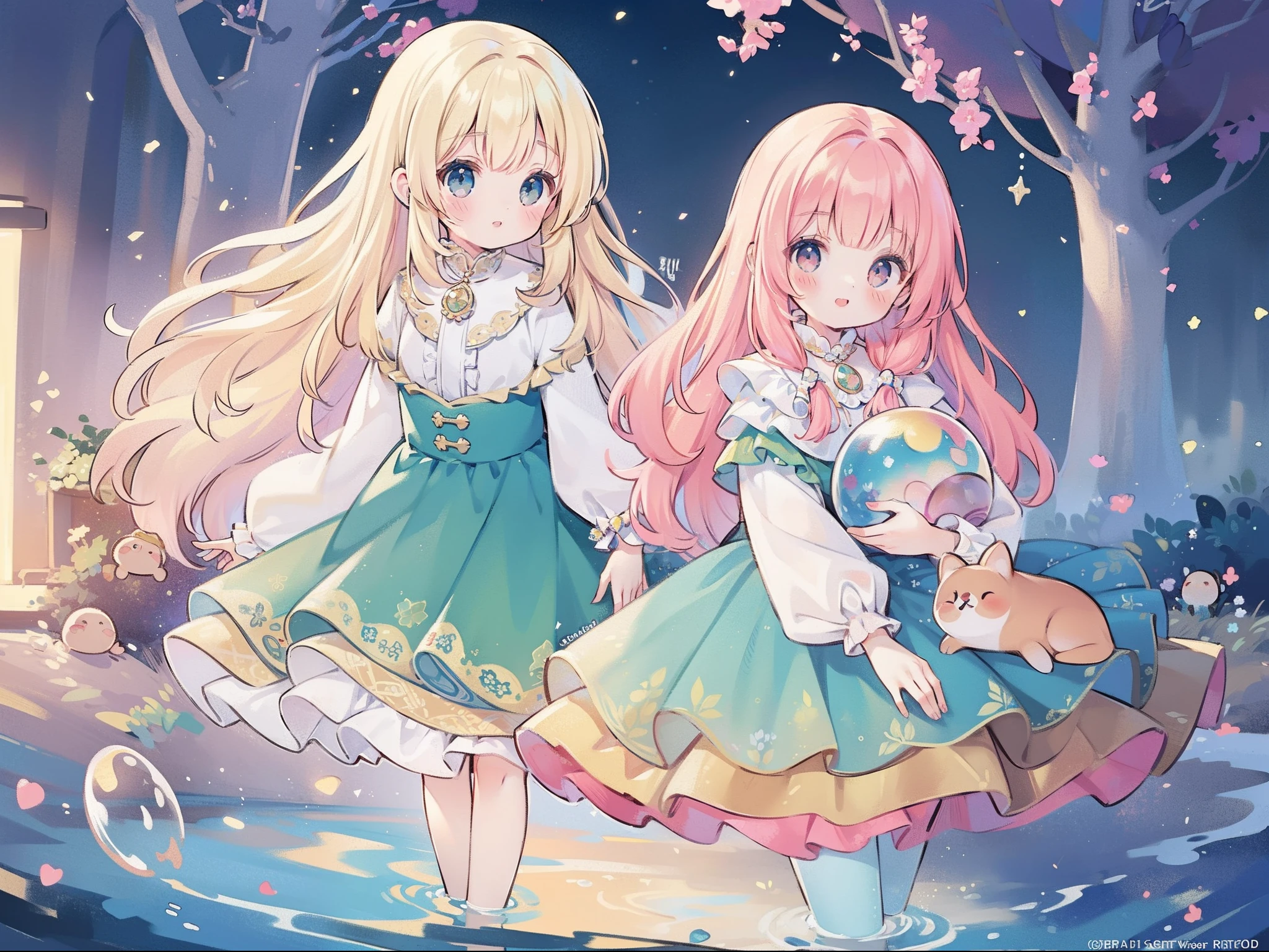 masterpiece, best quality, 8k resolution, sharp focus, intricate detail, beautiful girl, sparkling eyes, golden ratio face, otherworldly liquid, watercolor, sunset colors, bright colors, whimsical, colorful, sharp focus, high resolution, fine detail, ((layered tiered puffy long sleeves ballgown)), ((round eyes)), iridescent bubbles, fantasia background
