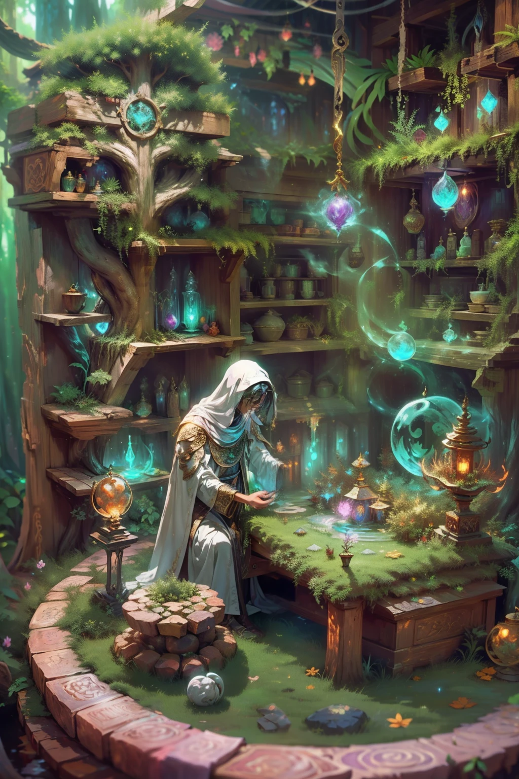 The alchemy laboratory is situated in a magical clearing of the forest, where moonlight gently penetrates through the trees, The environment is loaded with tranquility and harmony with nature, The presence of the magician brings a sense of reverence to the place, Herbs and crystals are arranged in careful patterns around the laboratory, escultura, hand-carved clay