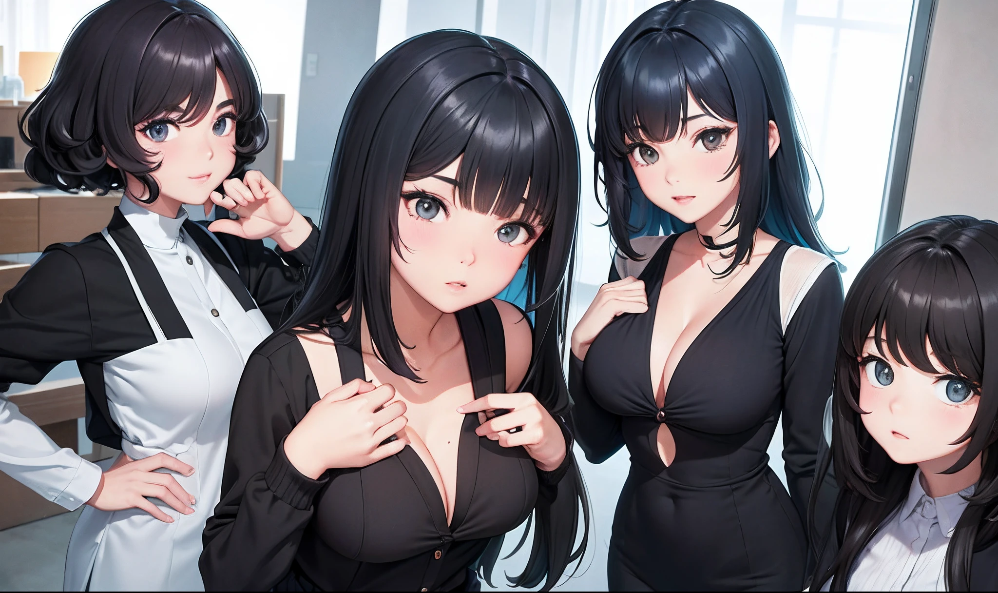cabelos preto e longos,Wearing JK,Expose cleavage,Hands behind your back,Girl with cute expression