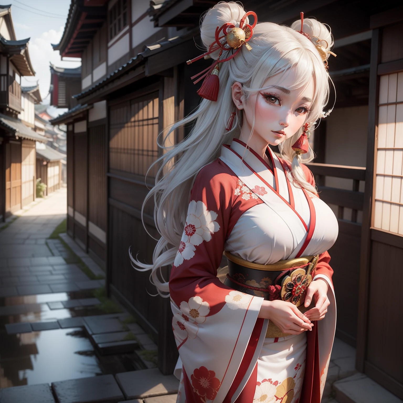 Oiran Woman、very beautif、3D animation style、disheveled hair、Townscape of the Edo period、White kimono、Realistic as a photo、Big eyes、Full of long and thin hair ornaments、large full breasts、