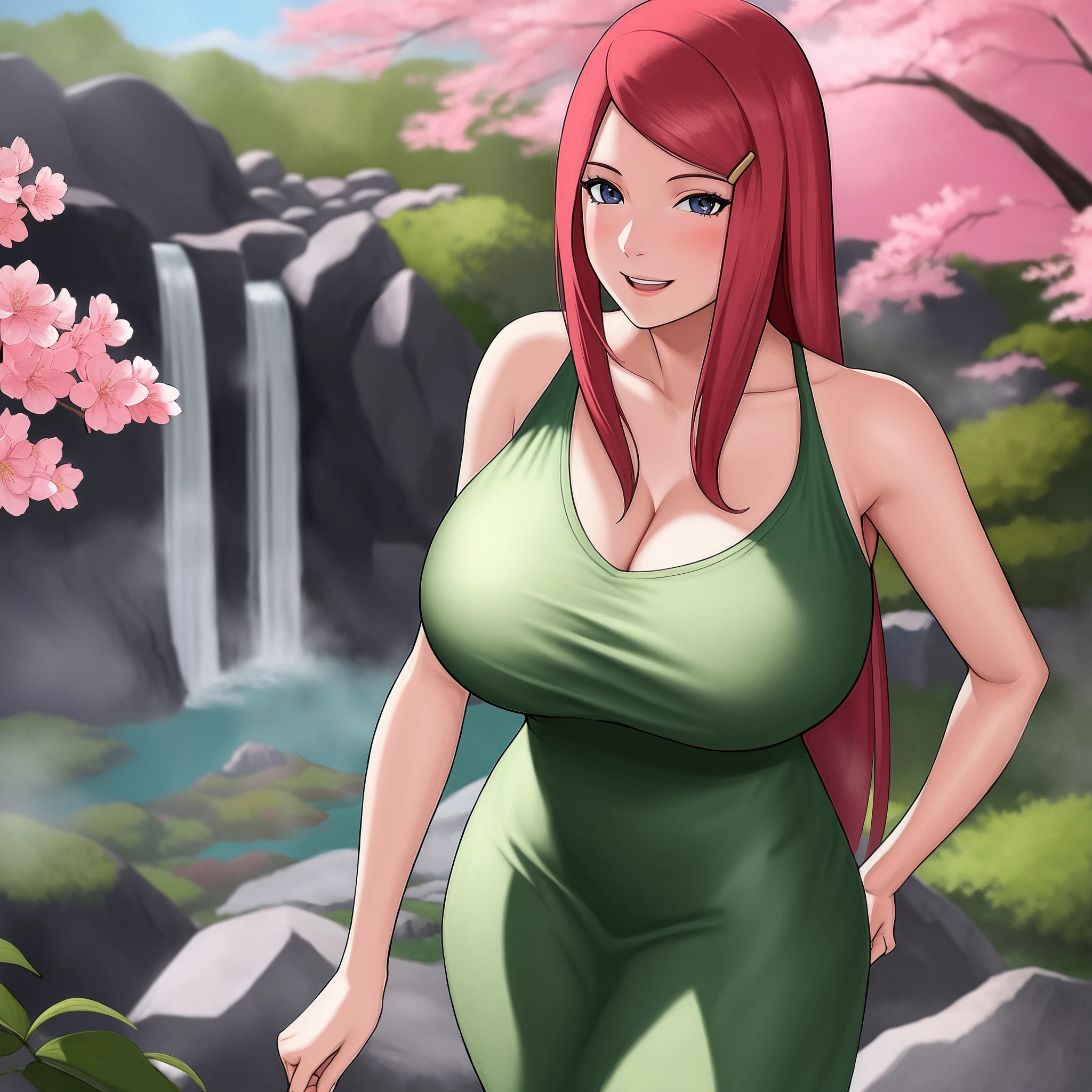 uzumaki_kushina, large_breasts, standing, solo, kushina_green_dress, masterpiece, best quality, detailed face, detailed eyes, highres, smile, happy, cherry blossom trees, onsen, realistic giant breast, point of view,