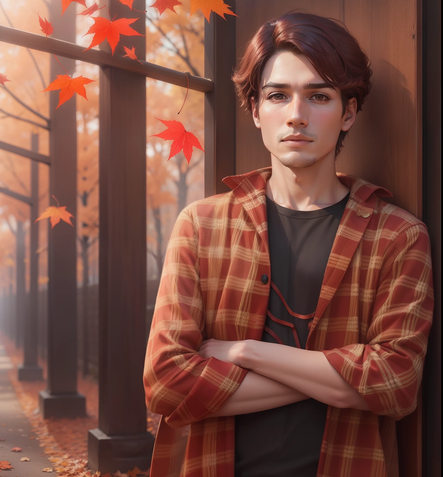 Convert background into autumn red leaves, realistic face , hd quality, don't change my face expressions