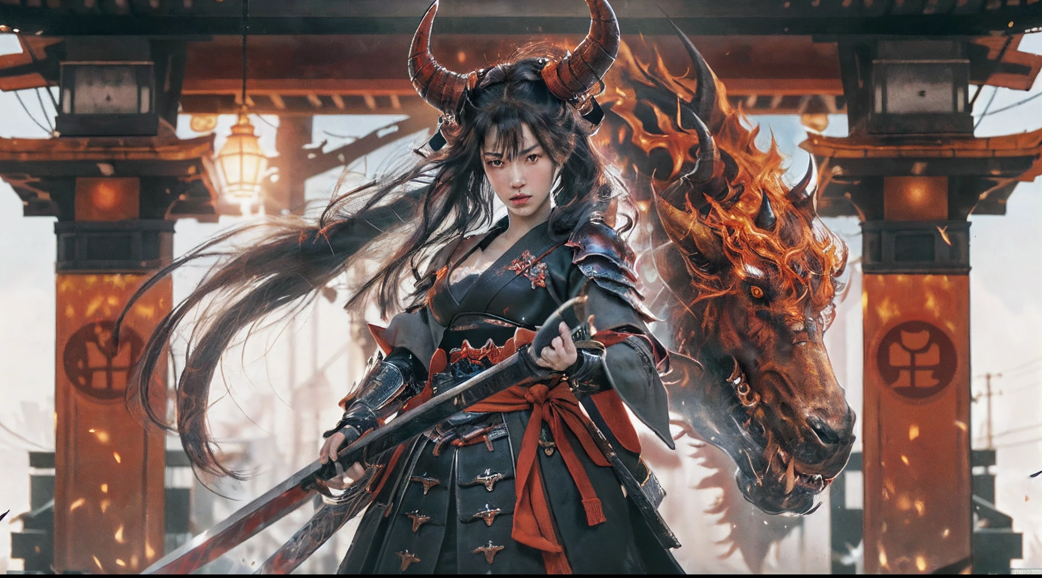 there is an illustration of a woman samurai fighting a red skinned demon in the streets at night. A Japanese woman samurai, a female warrior, ultra detailed face (best details, Masterpiece, best quality: 1.5), ultra feminine, exquisitely beautiful pale skin, long hair, black hair, dynamic eyes color, armed with a katana (best details, Masterpiece, best quality: 1.5), shinning sword (best details, Masterpiece, best quality: 1.3) wearing armor. BREAK  a [demon] (best details, Masterpiece, best quality: 1.4), red skinned (best details, Masterpiece, best quality: 1.5), black eyes, black mane, bat wings (best details, Masterpiece, best quality: 1.5), horns, big horns, armed with a long blade covered in flames (best details, Masterpiece, best quality: 1.5), covered in red fire. medieval Japanese street (best details, Masterpiece, best quality: 1.4) background, night time, moon light, street lamp light, Ultra-Wide Angle, high detail, award winning, best quality, HD, 16K, 3D rendering, high details, best quality, highres, ultra wide angle, 3D rendering, photorealistic, ultra realistic [[anatomically correct]]