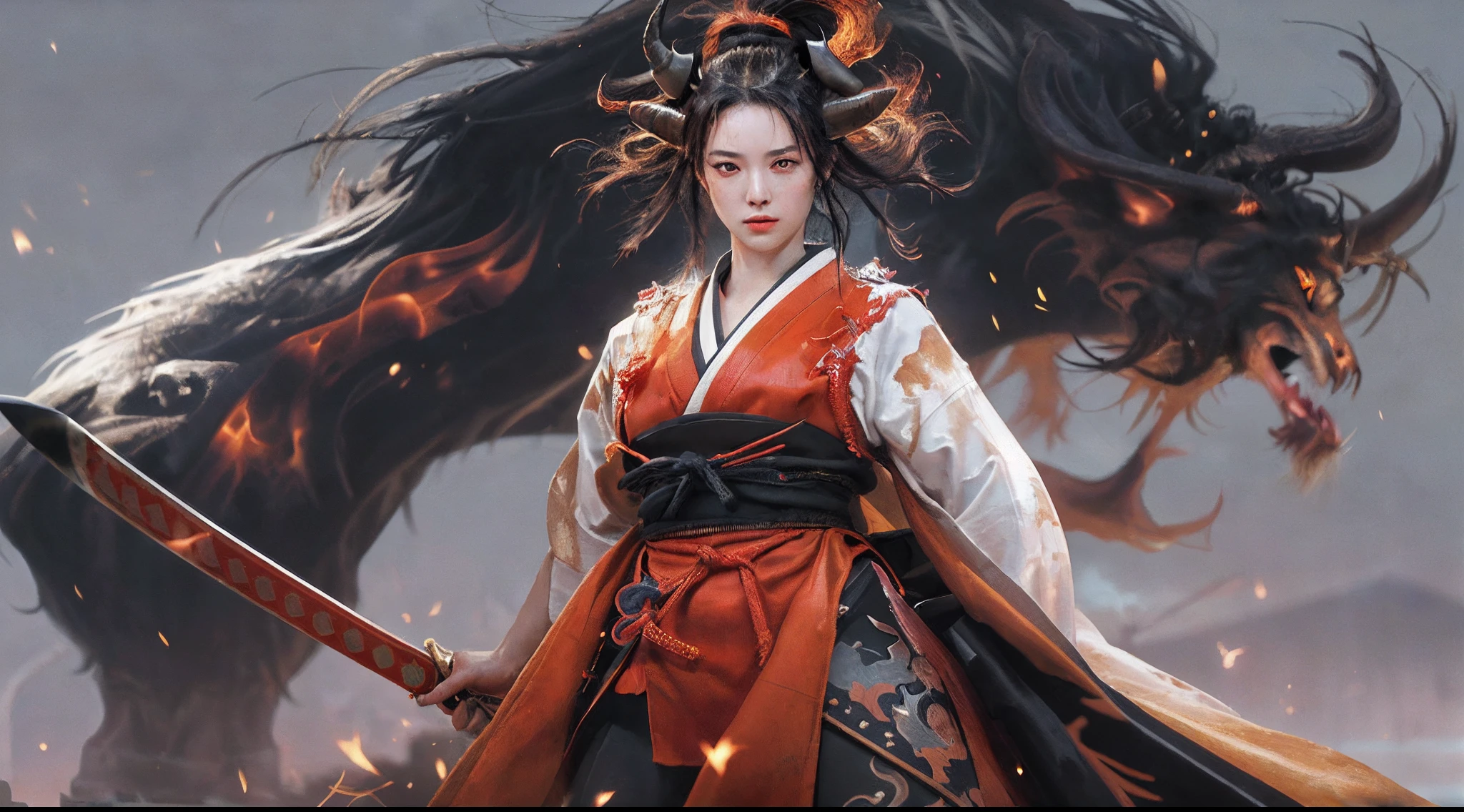 there is an illustration of a woman samurai fighting a red skinned demon in the streets at night. A Japanese woman samurai, a female warrior, ultra detailed face (best details, Masterpiece, best quality: 1.5), ultra feminine, exquisitely beautiful pale skin, long hair, black hair, dynamic eyes color, armed with a katana (best details, Masterpiece, best quality: 1.5), shinning sword (best details, Masterpiece, best quality: 1.3) wearing armor. BREAK  a [demon] (best details, Masterpiece, best quality: 1.4), red skinned (best details, Masterpiece, best quality: 1.5), black eyes, black mane, bat wings (best details, Masterpiece, best quality: 1.5), horns, big horns, armed with a long blade covered in flames (best details, Masterpiece, best quality: 1.5), covered in red fire. medieval Japanese street (best details, Masterpiece, best quality: 1.4) background, night time, moon light, street lamp light, Ultra-Wide Angle, high detail, award winning, best quality, HD, 16K, 3D rendering, high details, best quality, highres, ultra wide angle, 3D rendering, photorealistic, ultra realistic [[anatomically correct]]