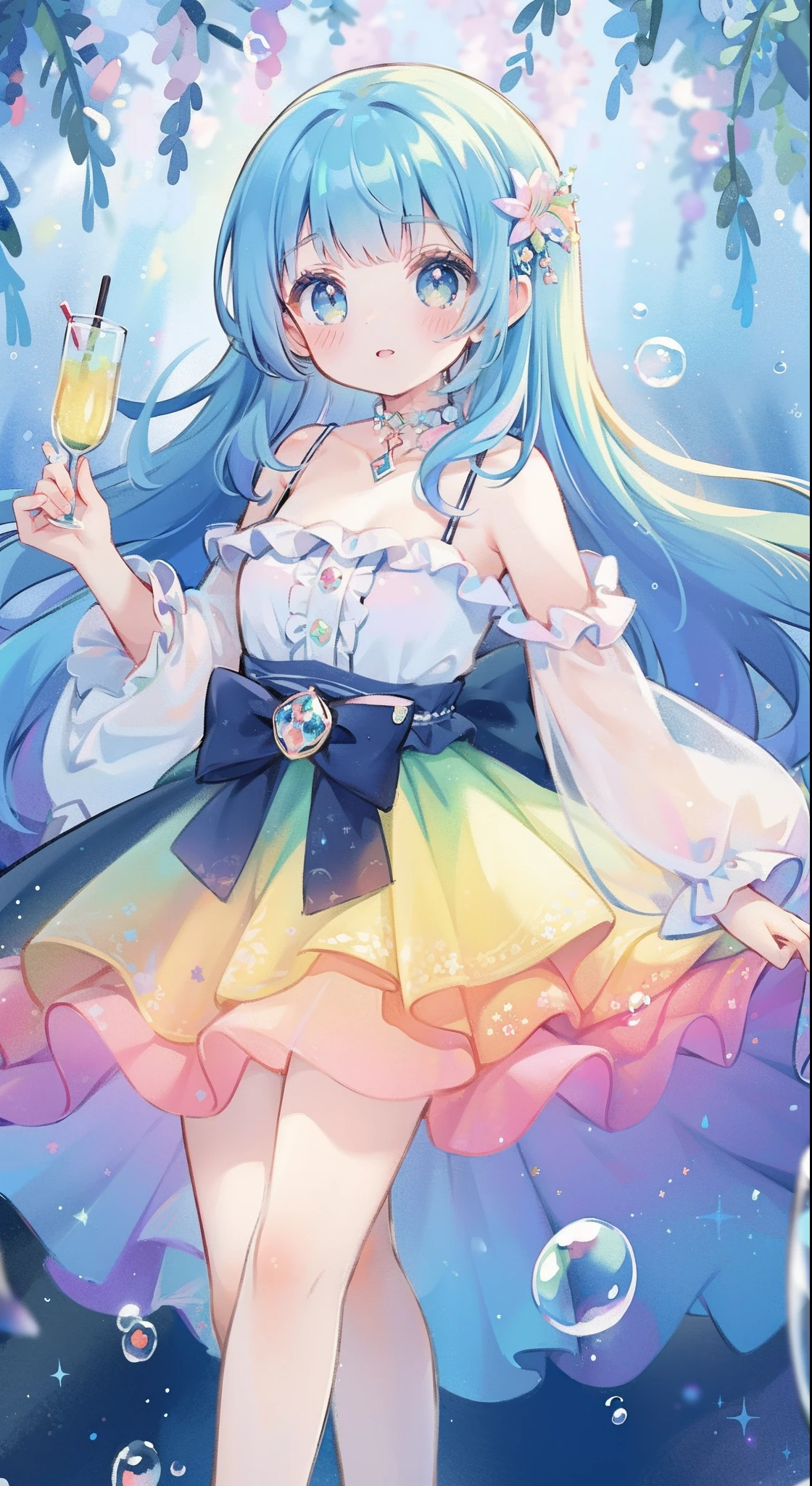 masterpiece, best quality, intricate details, beautiful girl, sparkling eyes, otherworldly liquid fantasia background, watercolor, bright vibrant colors, whimsical, colorful, layered tiered puffy long sleeve ballgown, ((iridescent rainbow bubbles))