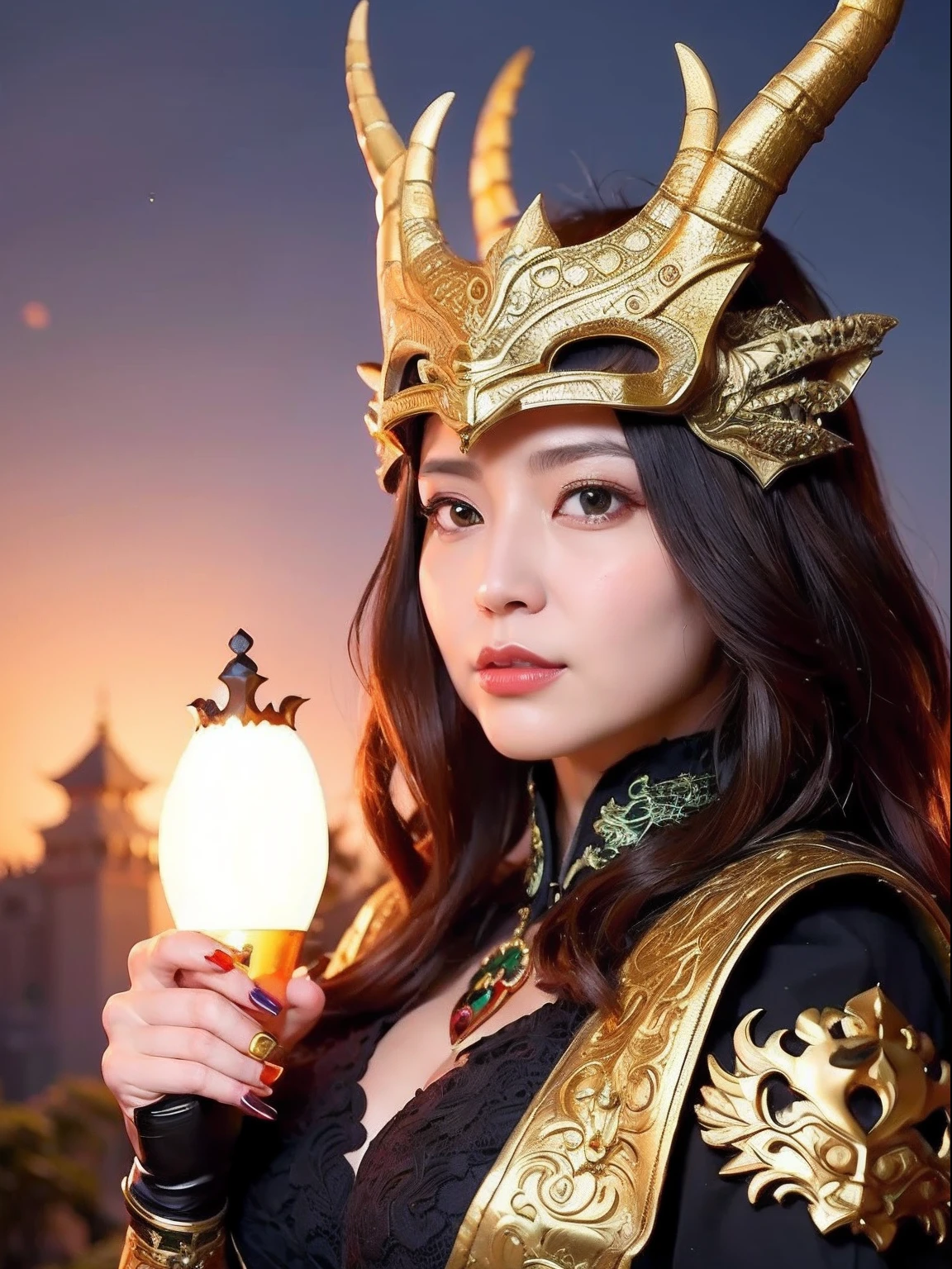 Professional , ​masterpiece、top-quality、photos realistic , depth of fields （Gemstone Black Metal Body:1.９),(Enamel Black、（cleavage of the breast）、（Chinese Dragon）、Mystical expression、Dragon Gold Weapon（Dragon Metal Body:1.４),Gorgeous gold weapons ,（（ Dragon's dense and gorgeous sword）） ,  、blood splashing、  ,warhammer 40k , adepta sororitas,Detail and gorgeous crown、（（Brown hair））、（The dragon）、（Castle background）、The dragon、（（Gangle's forest background））、Beautiful Caucasian beauty、（１a person）、dynamic ungle,(((Detailed and ornate dragon helmet)))、Smaller head、A smile、Castle background、Thin and beautiful female hands、cleavage of the breast、Mystical expression、Light Effects、Wind-effect、magic circles、With the legendary magic wand、（demonic wings）、Toostock、