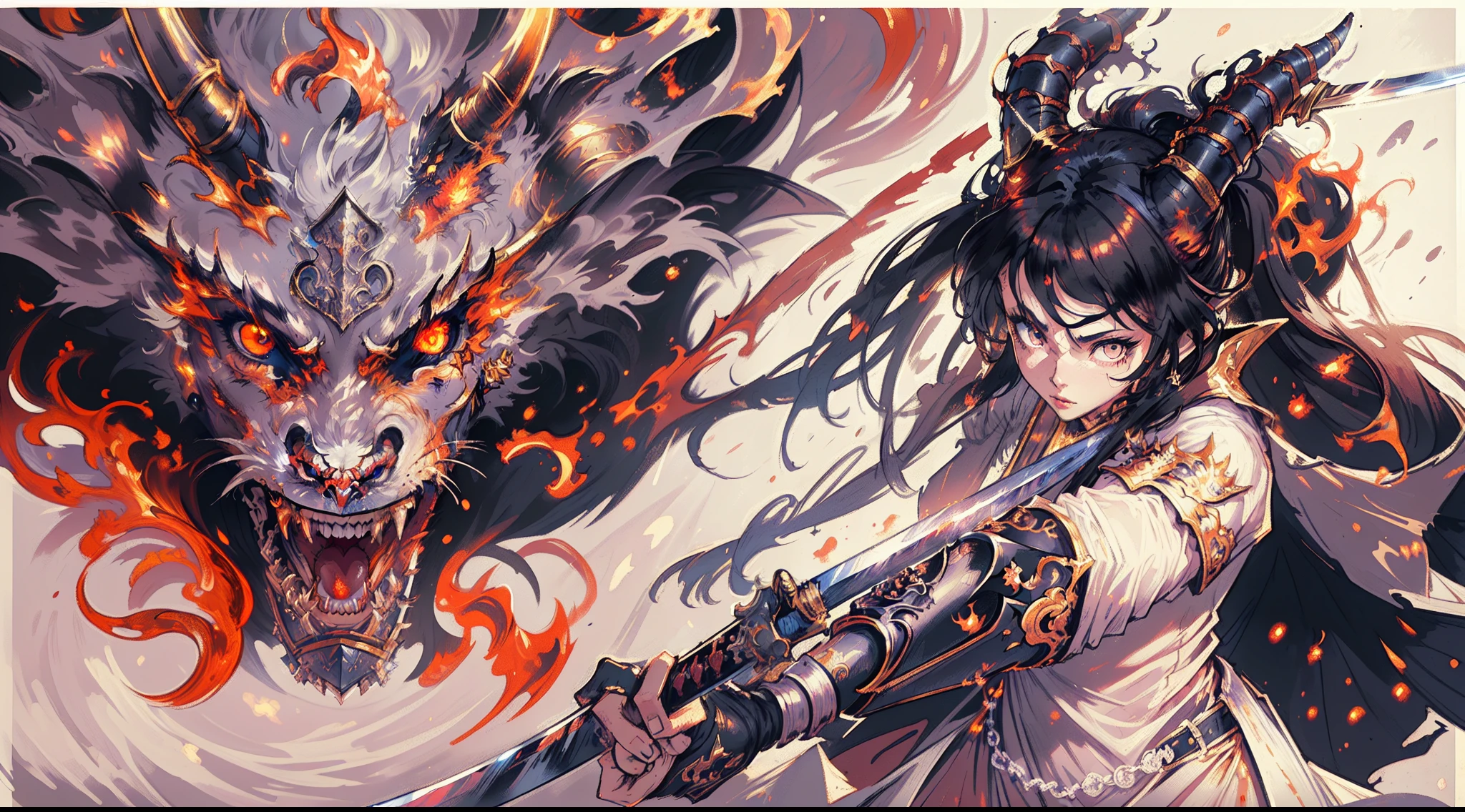 there is an illustration of a woman samurai fighting a red skinned demon in the streets at night. A Japanese woman samurai, a female warrior, ultra detailed face (best details, Masterpiece, best quality: 1.5), ultra feminine, exquisitely beautiful pale skin, long hair, black hair, dynamic eyes color, armed with a katana (best details, Masterpiece, best quality: 1.5), shinning sword (best details, Masterpiece, best quality: 1.3) wearing armor. BREAK  a [demon] (best details, Masterpiece, best quality: 1.4), red skinned (best details, Masterpiece, best quality: 1.5), black eyes, black mane, bat wings (best details, Masterpiece, best quality: 1.5), horns, big horns, armed with a long blade covered in flames (best details, Masterpiece, best quality: 1.5), covered in red fire. medieval Japanese street (best details, Masterpiece, best quality: 1.4) background, night time, moon light, street lamp light, Ultra-Wide Angle, high detail, award winning, best quality, HD, 16K,  high details, best quality, highres, ultra wide angle, photorealistic, ultra realistic [[anatomically correct]]