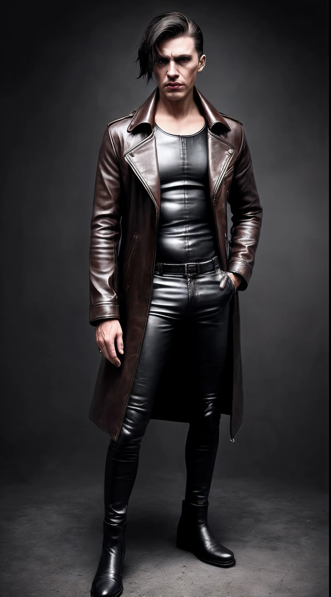 Gloomy boy in a leather coat, (insanely realistic: 1.5)