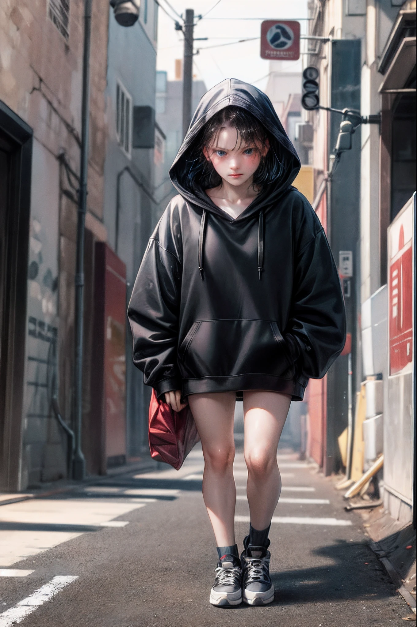 1 girl, short black hair, blue eyes, tomboy, wearing black hoodie over her head , looking down, look tough, city alley, absurdness, high res, ultra sharp,8k, masterpiece, looking at viewer.
