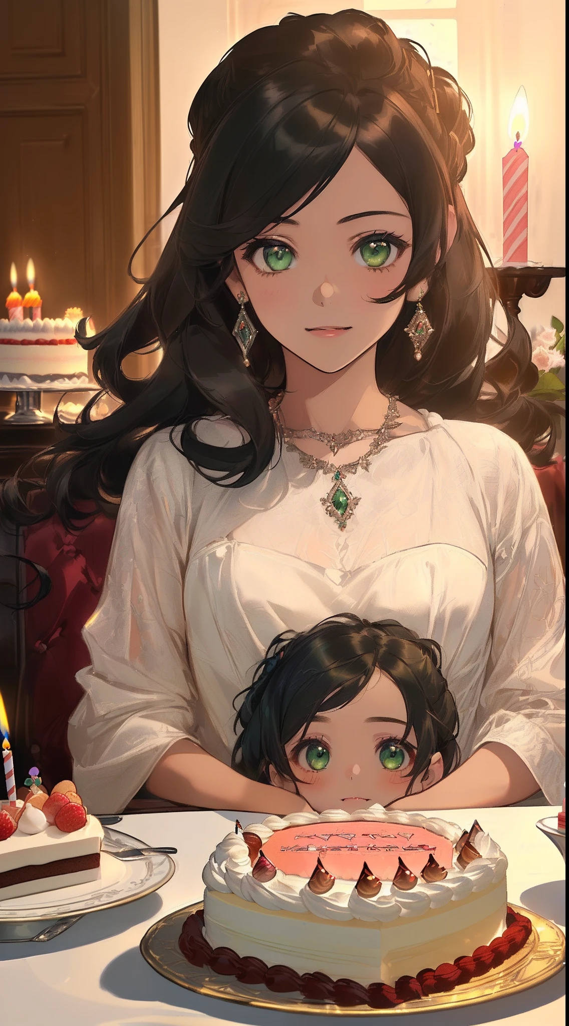 (((((( and little boy)ime, ( Green eyes), (black hair), Nice face, ssmile, hair up to the shoulders, straight hair, square, (((morena))), ((tmasterpiece, beste-Qualit)), illustartion, Ультра деталпазированная 8k, Photorealistic, sharp-focus, higly detailed, Professional lighting, casual wear, gala wear, Family celebration, birthday party, a cake, candle lights, table with food, Guests, children , taw, Gifts