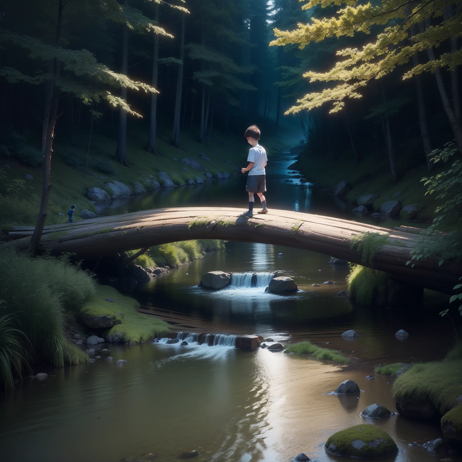 Draw up a scene that shows the kid facing a challenge, such as crossing a stream on an improvised log as a bridge. Its expressions must be evident, while the Star of Hope shines in the night sky.