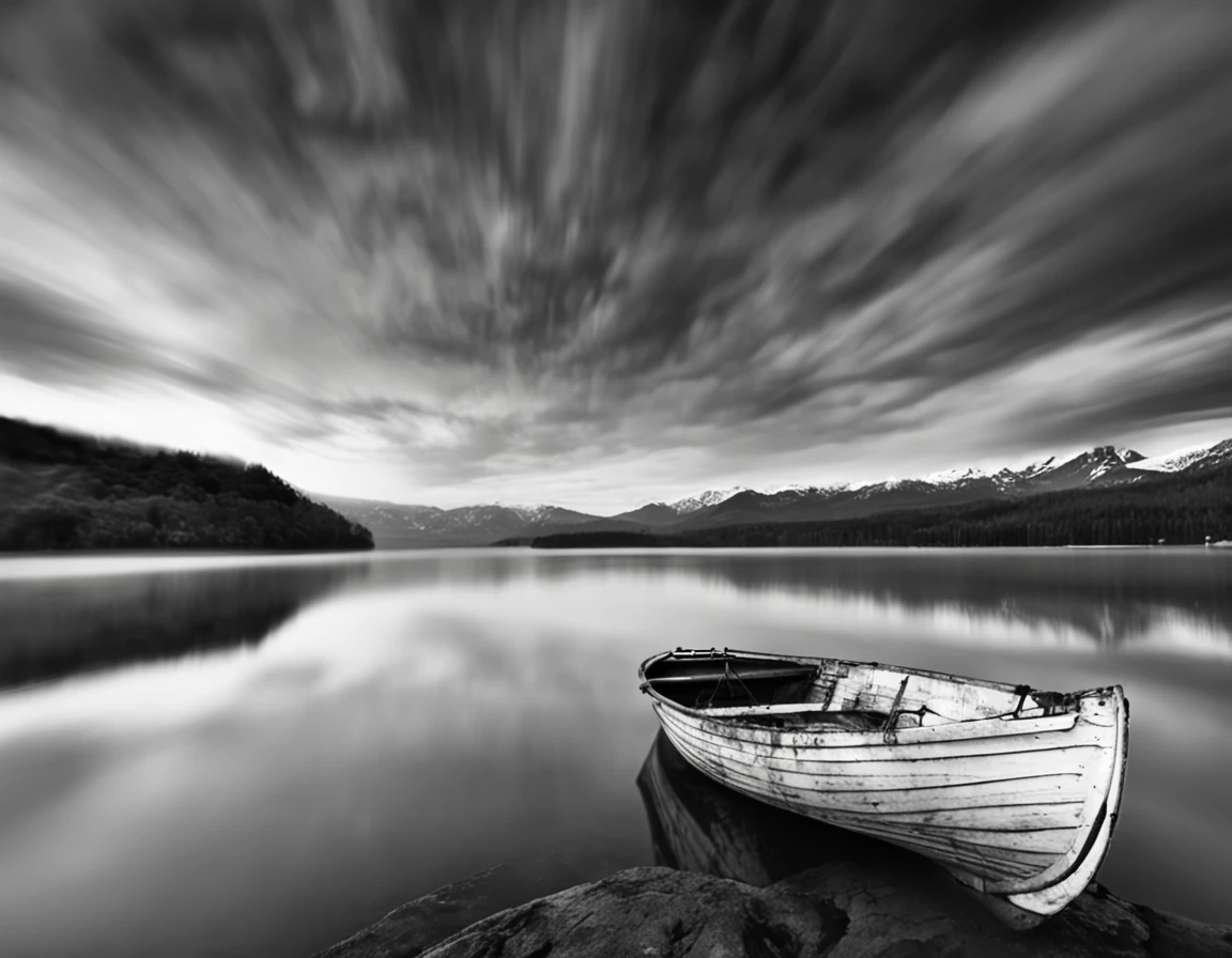 raw photo, a boat sitting on top of a lake under a cloudy sky, a black and white photo by Mathieu Le Nain, deviantart, art photography, deviantart, high dynamic range, behance hd, Fujifilm XT3