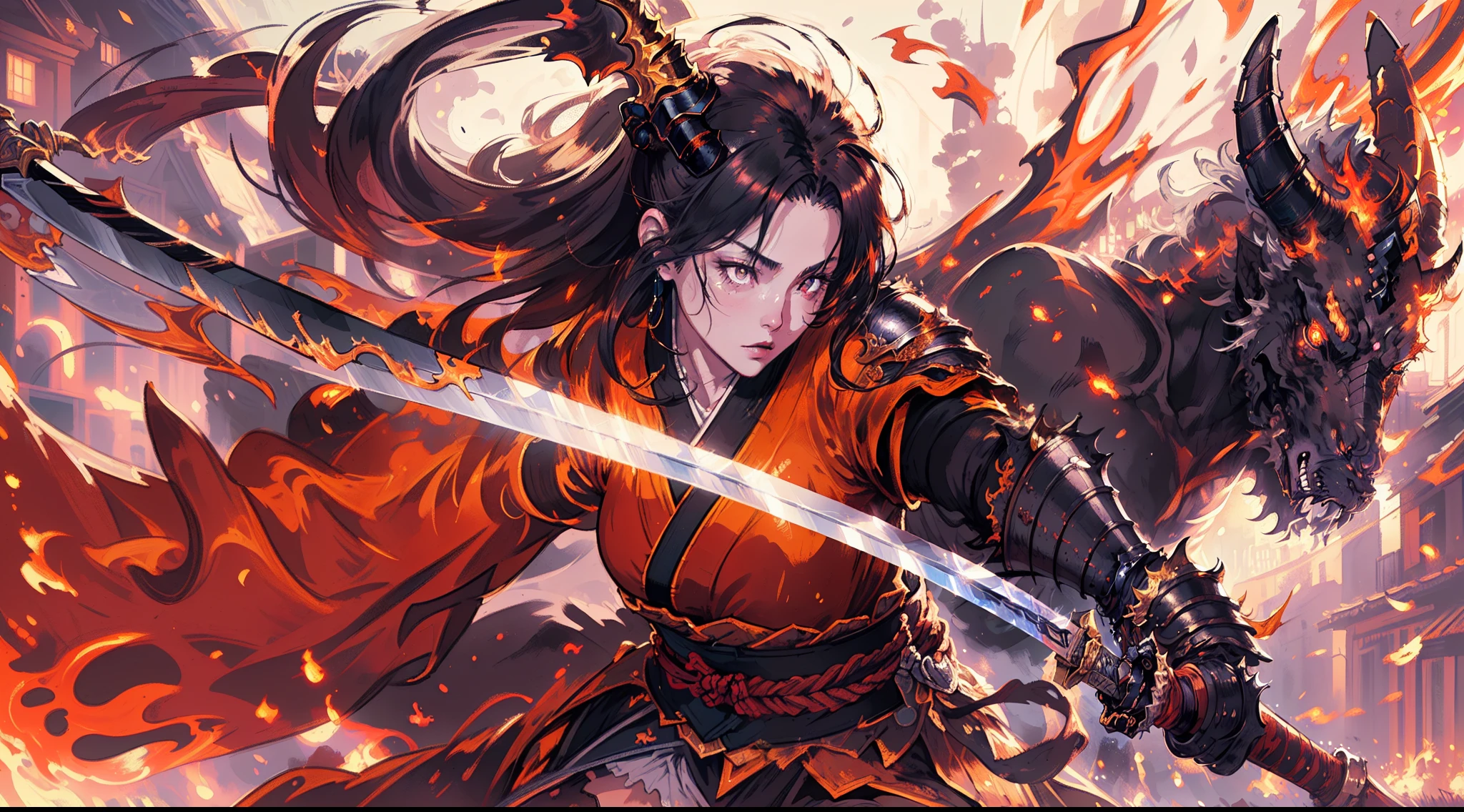 there is an illustration of a woman samurai fighting a red skinned demon in the streets at night. A Japanese woman samurai, a female warrior, ultra detailed face (best details, Masterpiece, best quality: 1.5), ultra feminine, exquisitely beautiful pale skin, long hair, black hair, dynamic eyes color, armed with a katana (best details, Masterpiece, best quality: 1.5), shinning sword (best details, Masterpiece, best quality: 1.3) wearing armor. BREAK  a [demon] (best details, Masterpiece, best quality: 1.4), red skinned (best details, Masterpiece, best quality: 1.5), black eyes, black mane, bat wings (best details, Masterpiece, best quality: 1.5), horns, big horns, armed with a long blade covered in flames (best details, Masterpiece, best quality: 1.5), covered in red fire. medieval Japanese street (best details, Masterpiece, best quality: 1.4) background, night time, moon light, street lamp light, Ultra-Wide Angle, high detail, award winning, best quality, HD, 16K,  high details, best quality, highres, ultra wide angle, photorealistic, ultra realistic [[anatomically correct]]