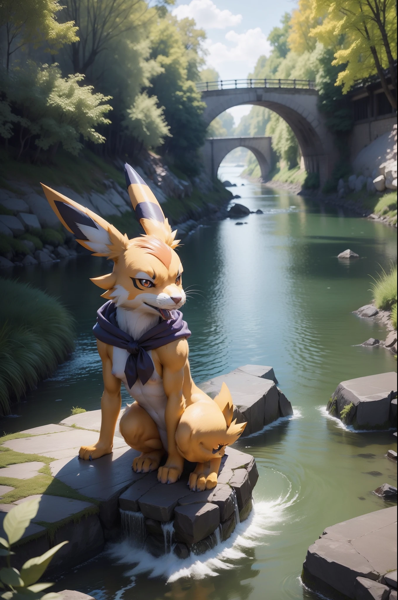 renamon pelzige fell anthro in einer modernen stadt mit fluss