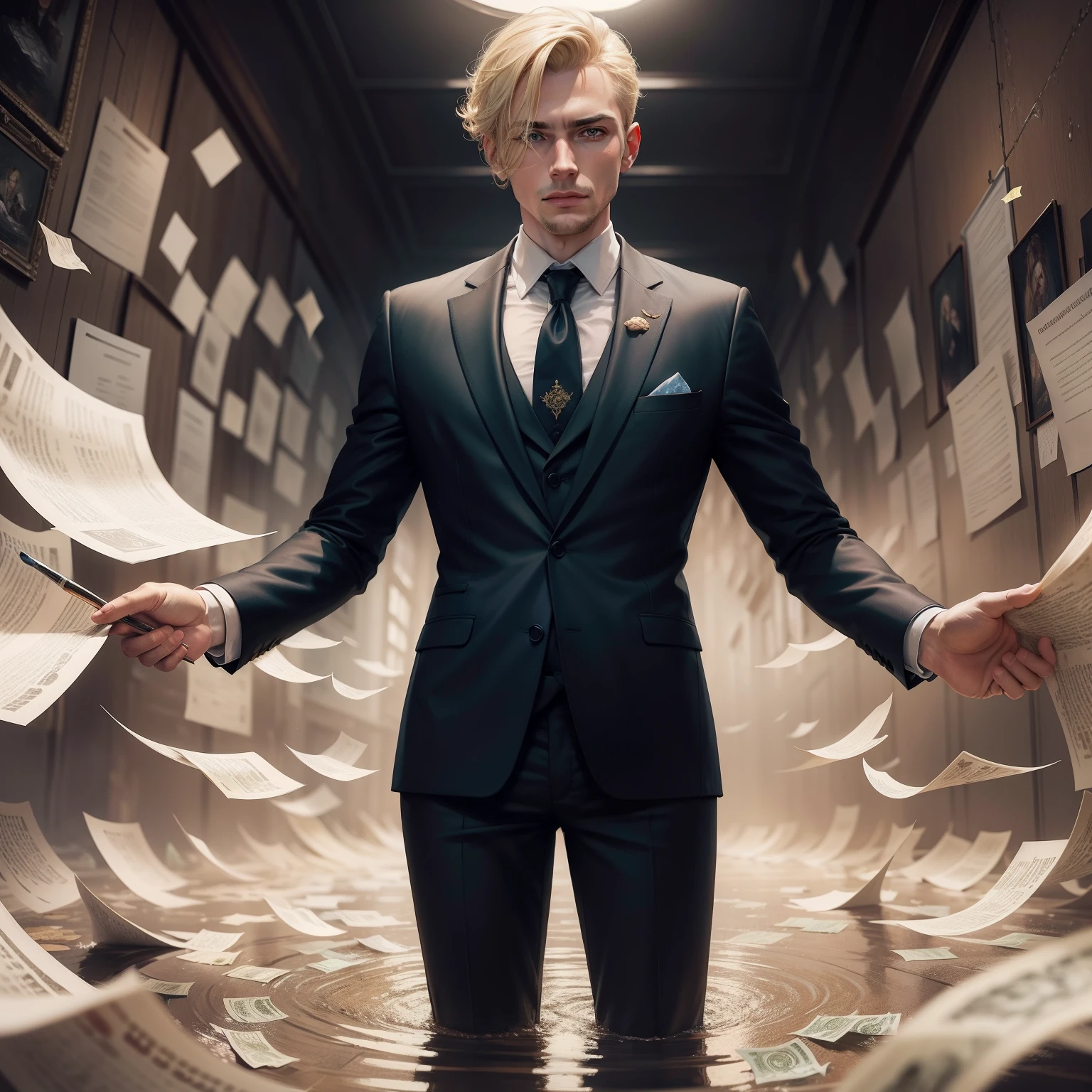 A detailed painting of a blonde European person in a suit, surrounded by a flood of banknotes everywhere