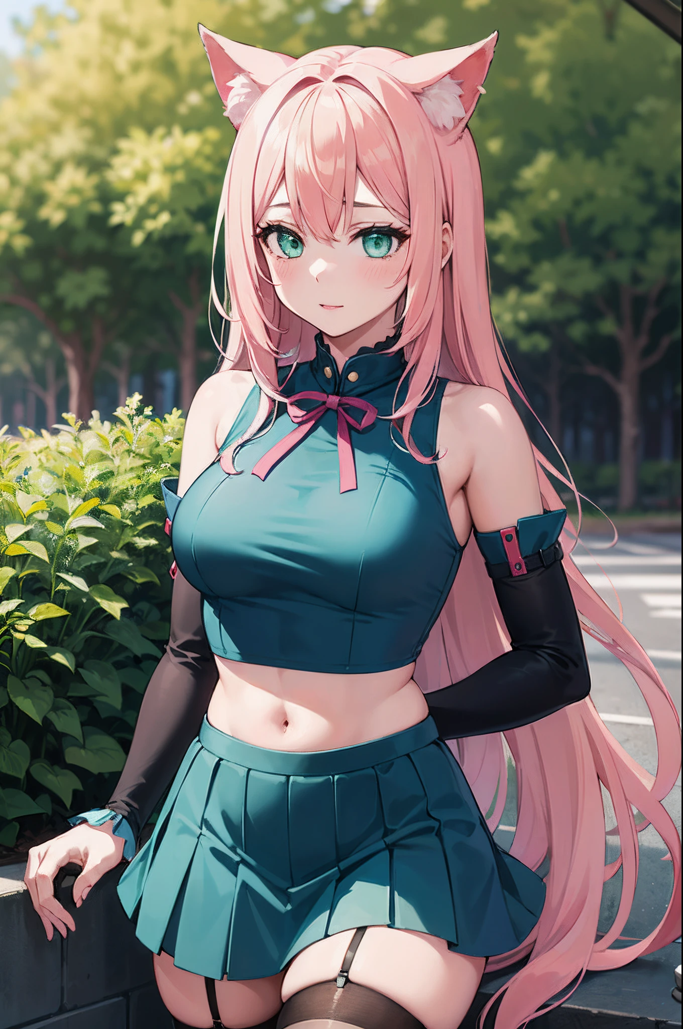 intricate details, 1girl, dionadef, aged up, absurdly long pink hair, calico cat ears, detailed teal green eyes, detailed crop top, detached sleeves, midriff, detailed skirt, detailed stockings, outside, nature, detailed background, cowboy shot