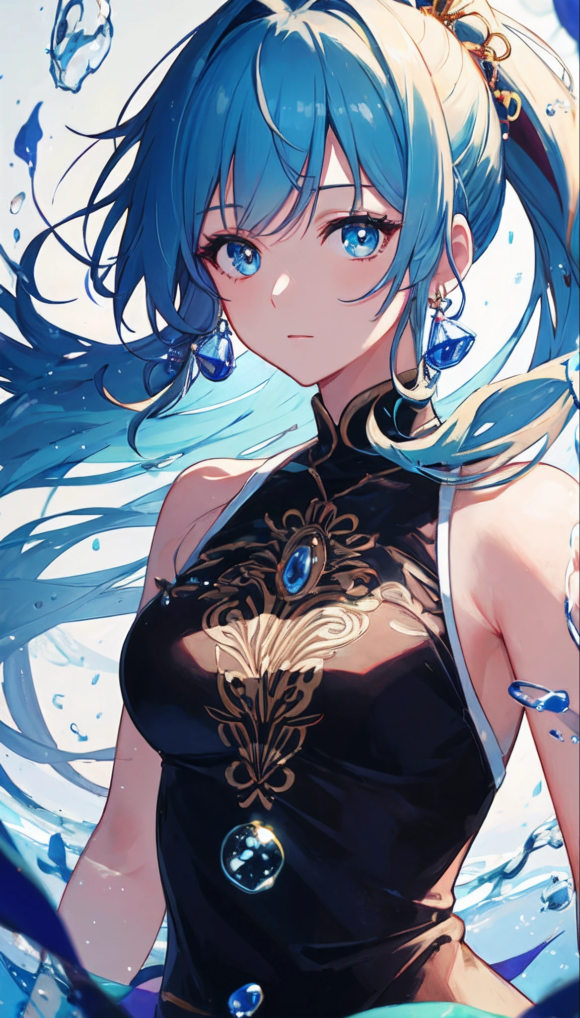 (masterpiece), (best quality), (ultra detailed),(disheveled hair),(illustration), (1girl), (Fashionable clothing), standing, Fashion model, looking at viewer, (interview), (simple background),beautiful detailed eyes, delicate beautiful face, Floating,(high saturation),(colorful splashes),colorful bubble,(shining), focus on face,  ponytail, kamisato ayaka, light blue hair, bangs, hair ring, floating flowers, floating hairs, (shining), best lighting, best shadow,