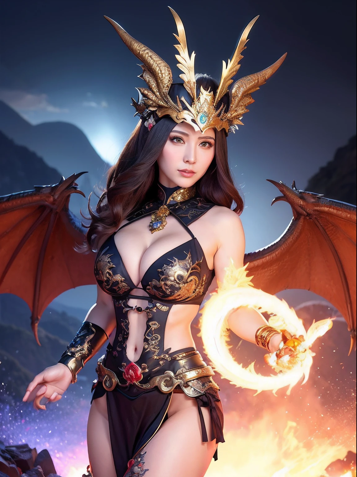 Professional , masterpiece、top-quality、photos realistic , depth of fields (Gemstone Black Metal Body:1.9),(Enamel Black、(cleavage of the breast)、(Chinese Dragon)、Mystical expression、Dragon Gold Weapon(Dragon Metal Body:1.4),Gorgeous gold weapons ,(( Dragon's dense and gorgeous sword)) , 、blood splashing、 ,warhammer 40k , adepta sororitas,Detail and gorgeous crown、((Brown hair))、(The dragon)、(Castle background)、The dragon、((Gangle's forest background))、Beautiful Caucasian beauty、(1a person)、dynamic ungle,(((Detailed and ornate dragon helmet)))、Smaller head、A smile、Castle background、Thin and beautiful female hands、cleavage of the breast、Mystical expression、Light Effects、Wind-effect、magic circles、With the legendary magic wand、(demonic wings)、Toostock、