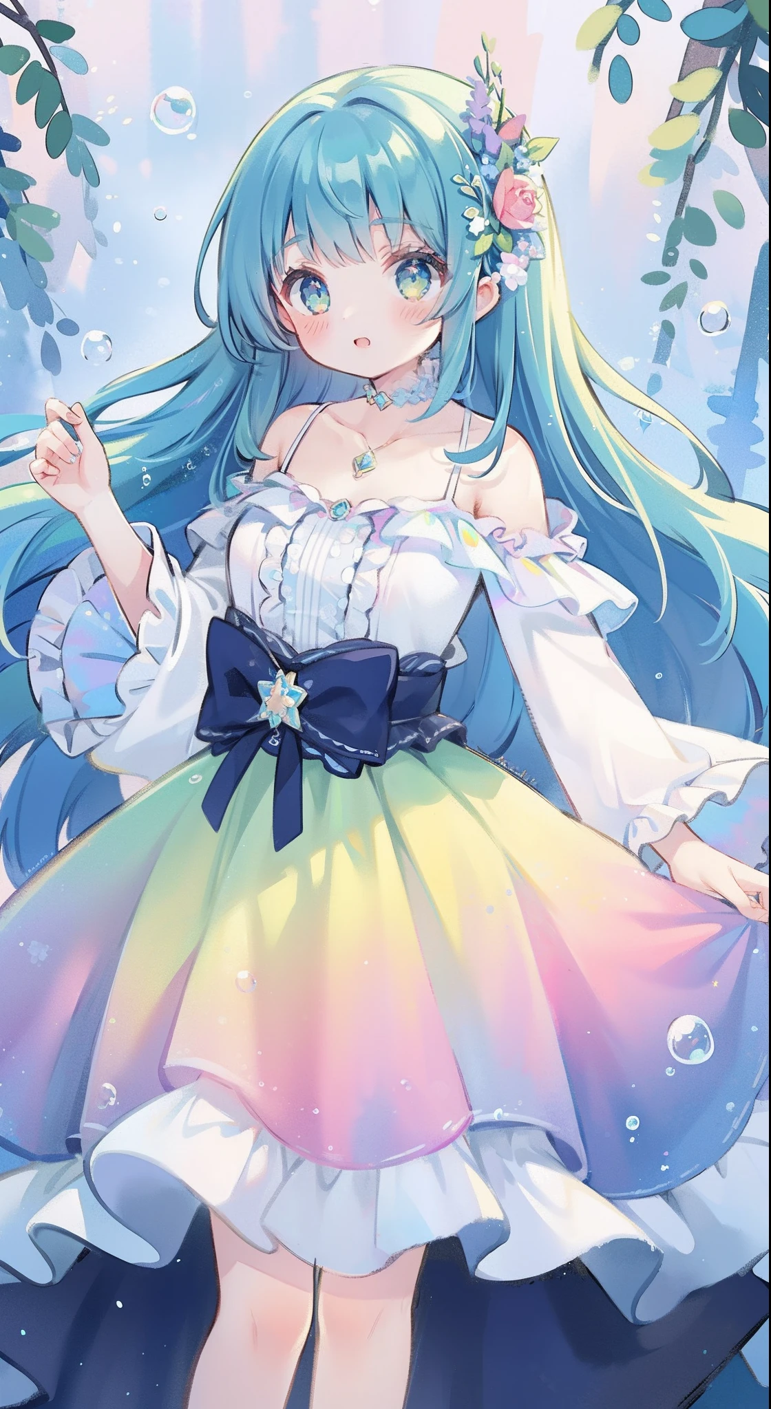 masterpiece, best quality, intricate details, beautiful girl, sparkling eyes, otherworldly liquid fantasia background, watercolor, bright vibrant colors, whimsical, colorful, layered tiered puffy long sleeve ballgown, ((iridescent rainbow bubbles))