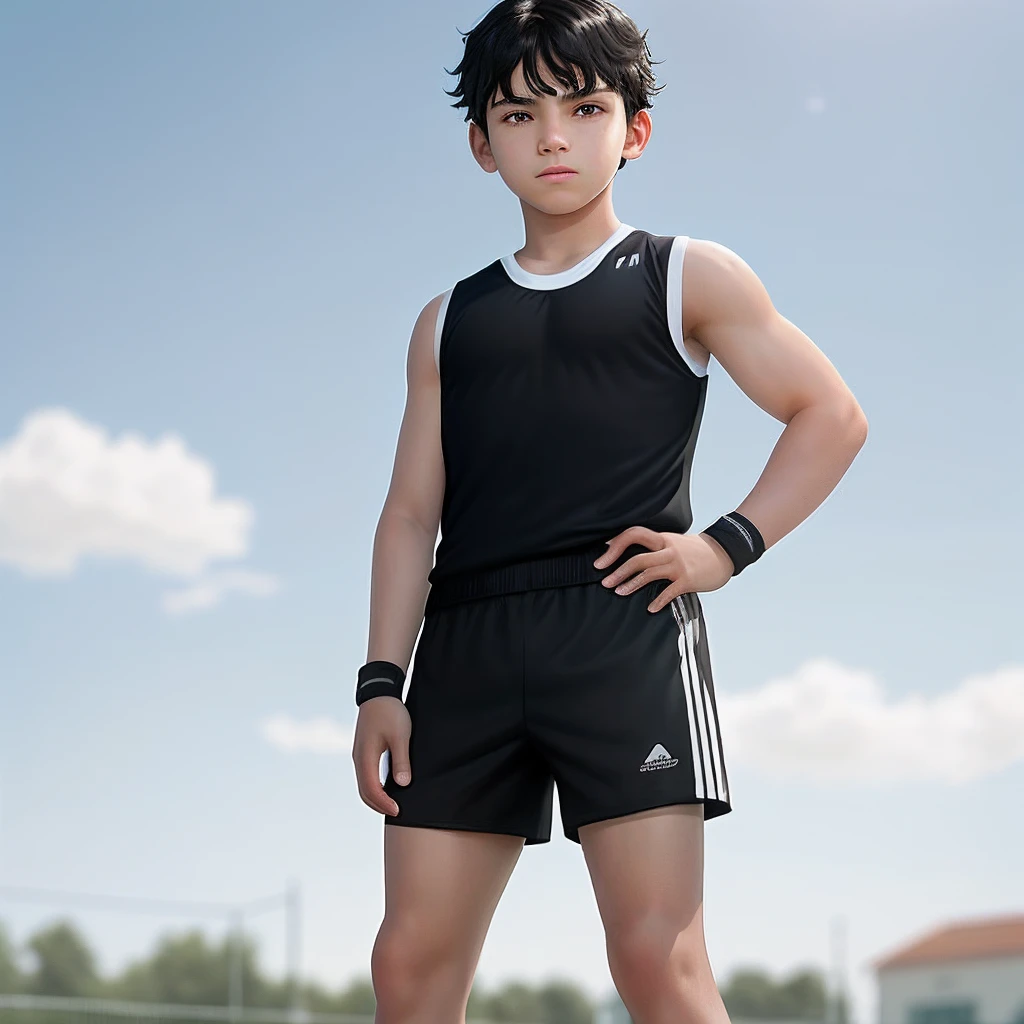 juvenile sense,12 year old boy,Black hair and black eyes,white skinned,Athletic shorts vest,Sunny atmosphere,sport,Arm muscles