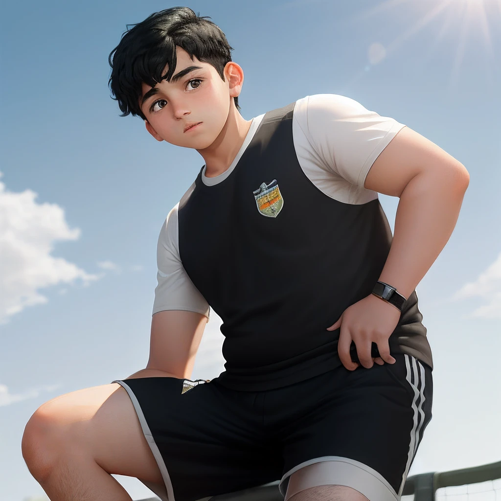 juvenile sense,12 year old boy,Black hair and black eyes,white skinned,The teenager wears sports shorts,vests,Sunny atmosphere,sport,Fat minora