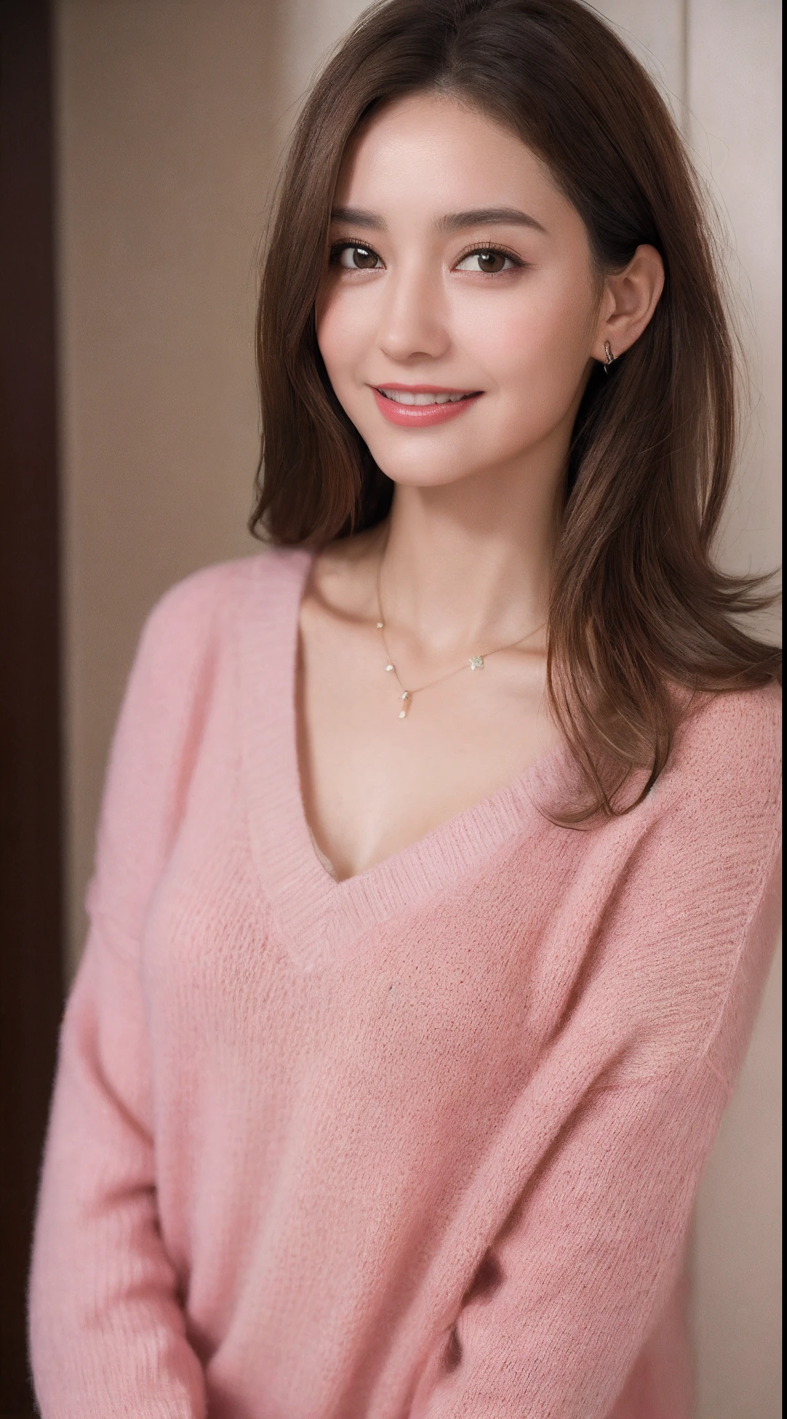 ((Night, Realistic Light, Best Quality, 8K, Masterpiece: 1.3)), 1girl, Slim Beauty: 1.4, Abs: 1.1, (Brown hair, Medium breasts: 1.3), Long pink sweater: 1.1, Bathroom, Super fine face, Delicate eyes, Double eyelids, smile, necklace