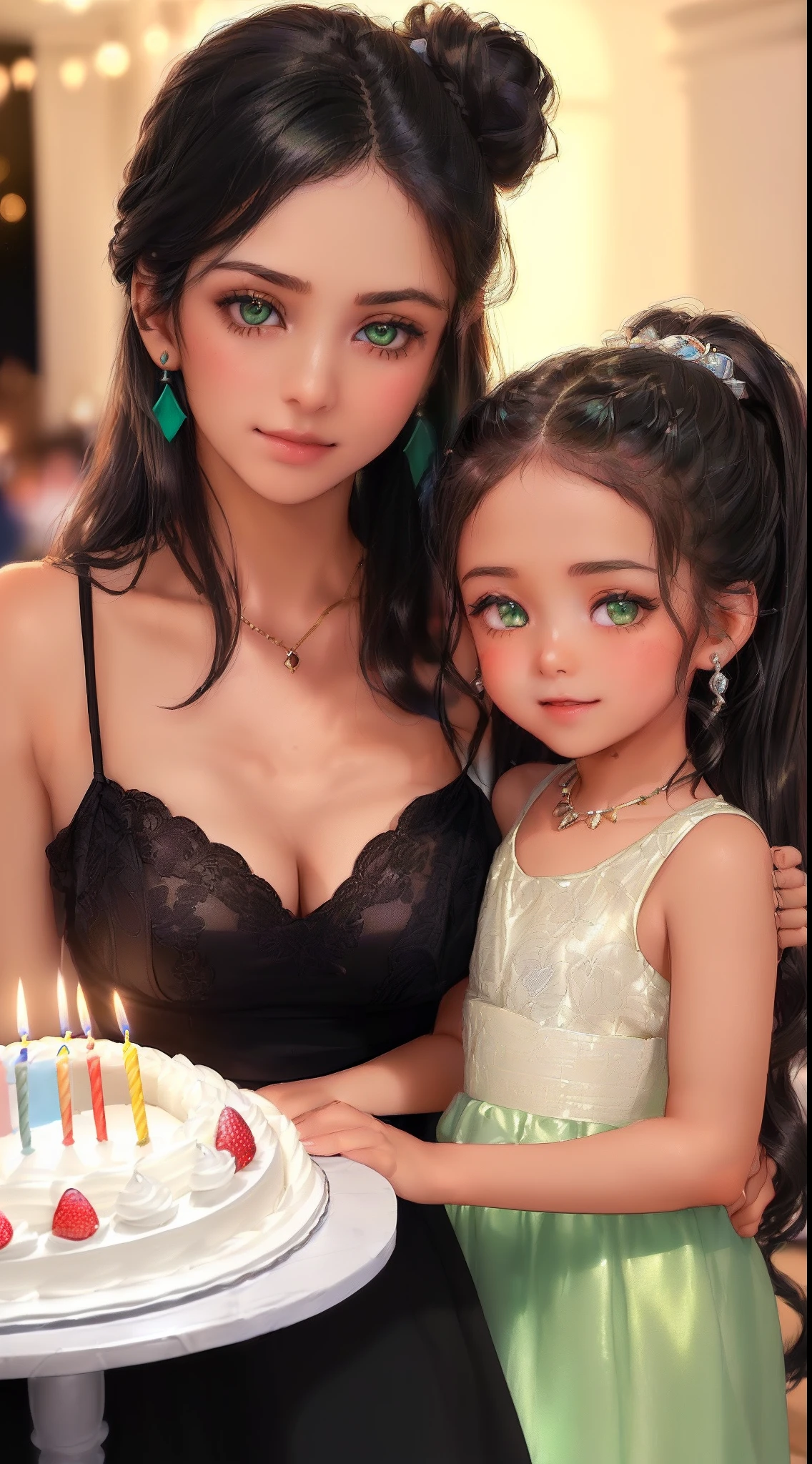 ((((((Little girl and little boy))), the anime, ( Green eyes), (black  hair), Nice face, ssmile, hair up to the shoulders, straight hair, square,  (((morena))), ((tmasterpiece, beste-Qualit)), illustartion, Ультра деталпазированная 8k, Photorealistic, sharp-focus, higly detailed, Professional lighting, casual wear, gala wear, Family celebration, birthday party, a cake, candle lights, table with food, Guests, children , taw, Gifts