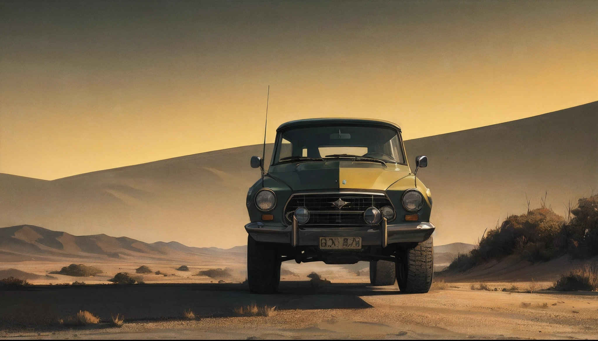 one person by a desert car| dark landscape background; panoramic scale | anime art and detailed skies | sandpunk | RTX on | monochrome yellow