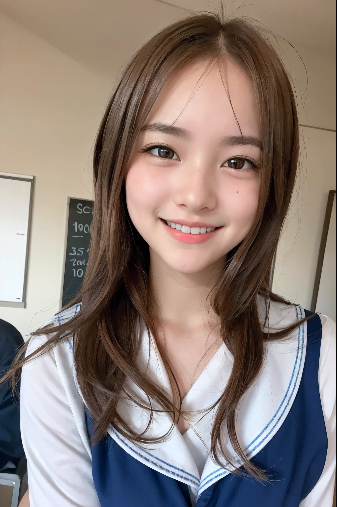 1girl, cute, 16 years old, smiling, look at viewer, sailor uniform, seifuku, photo, realistic, best quality, hires, detailed face, classroom, detailed background, diffused lighting, depth of field, bokeh