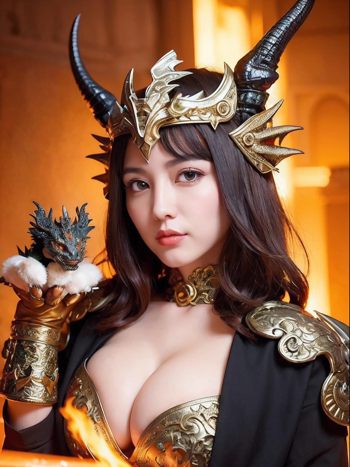 Professional , masterpiece、top-quality、photos realistic , depth of fields (Gemstone Black Metal Body:1.9),(Enamel Black、(cleavage of the breast)、(Chinese Dragon)、Mystical expression、Dragon Gold Weapon(Dragon Metal Body:1.4),Gorgeous gold weapons ,(( Dragon's dense and gorgeous sword)) , 、blood splashing、 ,warhammer 40k , adepta sororitas,Detail and gorgeous crown、((Brown hair))、(The dragon)、(Castle background)、The dragon、((Gangle's forest background))、Beautiful Caucasian beauty、(1a person)、dynamic ungle,(((Detailed and ornate dragon helmet)))、Smaller head、A smile、Castle background、Thin and beautiful female hands、cleavage of the breast、Mystical expression、Light Effects、Wind-effect、magic circles、With the legendary magic wand、(demonic wings)、Toostock、