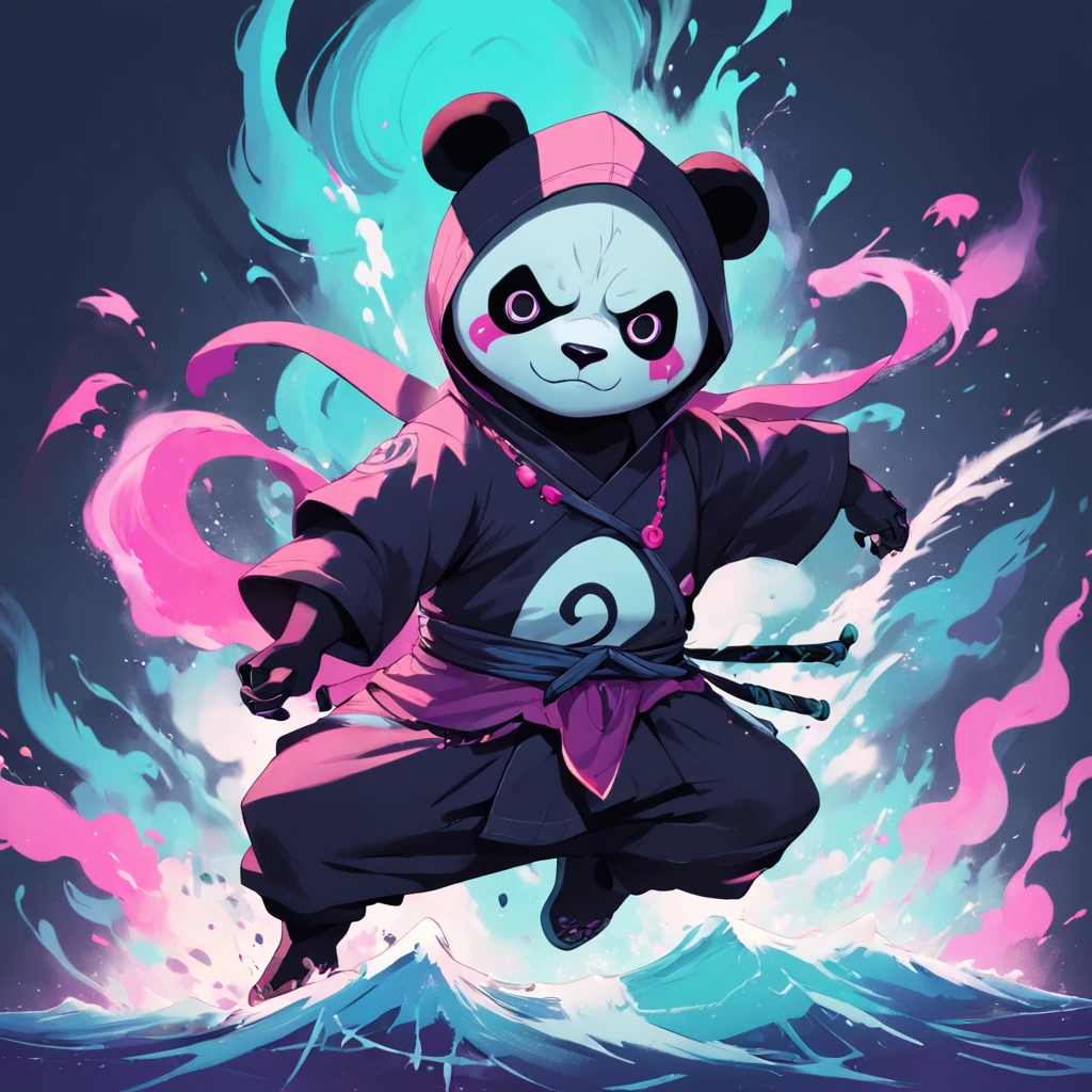 A detailed face illustration evil panda ninja panda, magic, t-shirt design, magenta, dark magic splashes, dark, ghotic, fireburn, smoke, ocean wave, colorfull , t-shirt design, in Studio Ghibli style, tetradic pastels, 3D vector art, cute and quirky, fantasy art, watercolor effect, bokeh, Adobe Illustrator, hand-drawn, digital painting, low-poly, soft lighting, bird's eye view, isometric style, retro aesthetic, character-centric, 4K resolution, photorealistic rendering, using Cinema 4D and finally having the word Nano at the bottom with a graffiti-like font style.