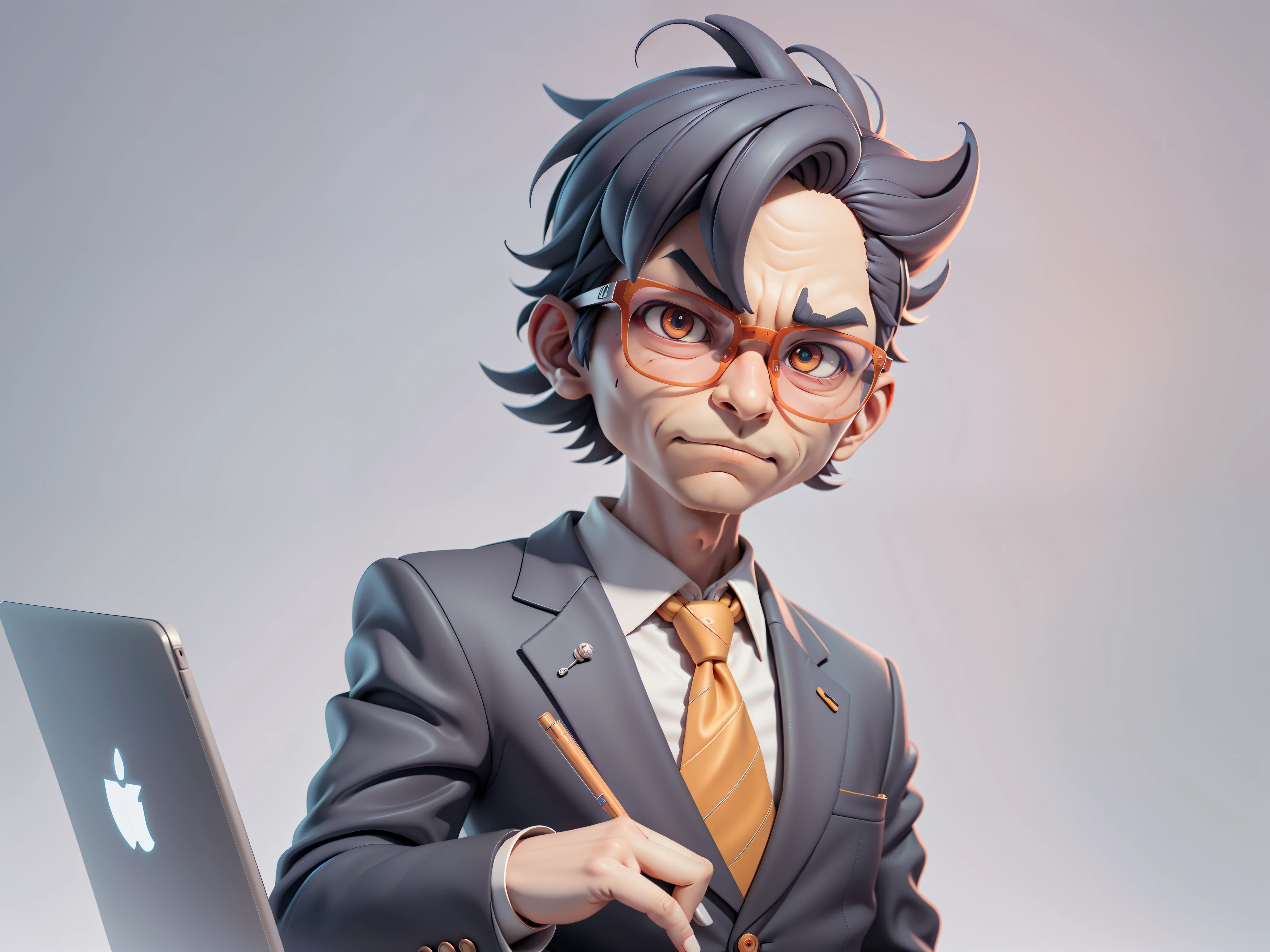 A young man in a suit, Short hair and glasses sat at his desk，holding laptop，digitial painting，tigre，3D character design by Mark Clairen and Pixar and Hayao Miyazaki and Akira Toriyama，4K HD illustration，Very detailed facial features and cartoon-style visuals。