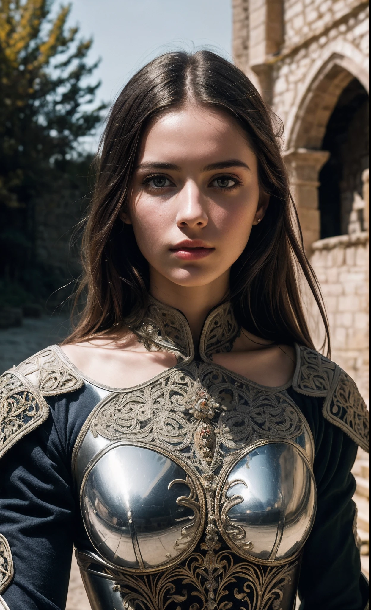 (masterpiece), (extremely intricate:1.3), (realistic), portrait of a girl, the most beautiful in the world, (medieval armor), metal reflections, upper body, outdoors, intense sunlight, far away castle, professional photograph of a stunning woman detailed, sharp focus, dramatic, award winning, cinematic lighting, octane render, unreal engine, volumetrics dtx, (film grain)