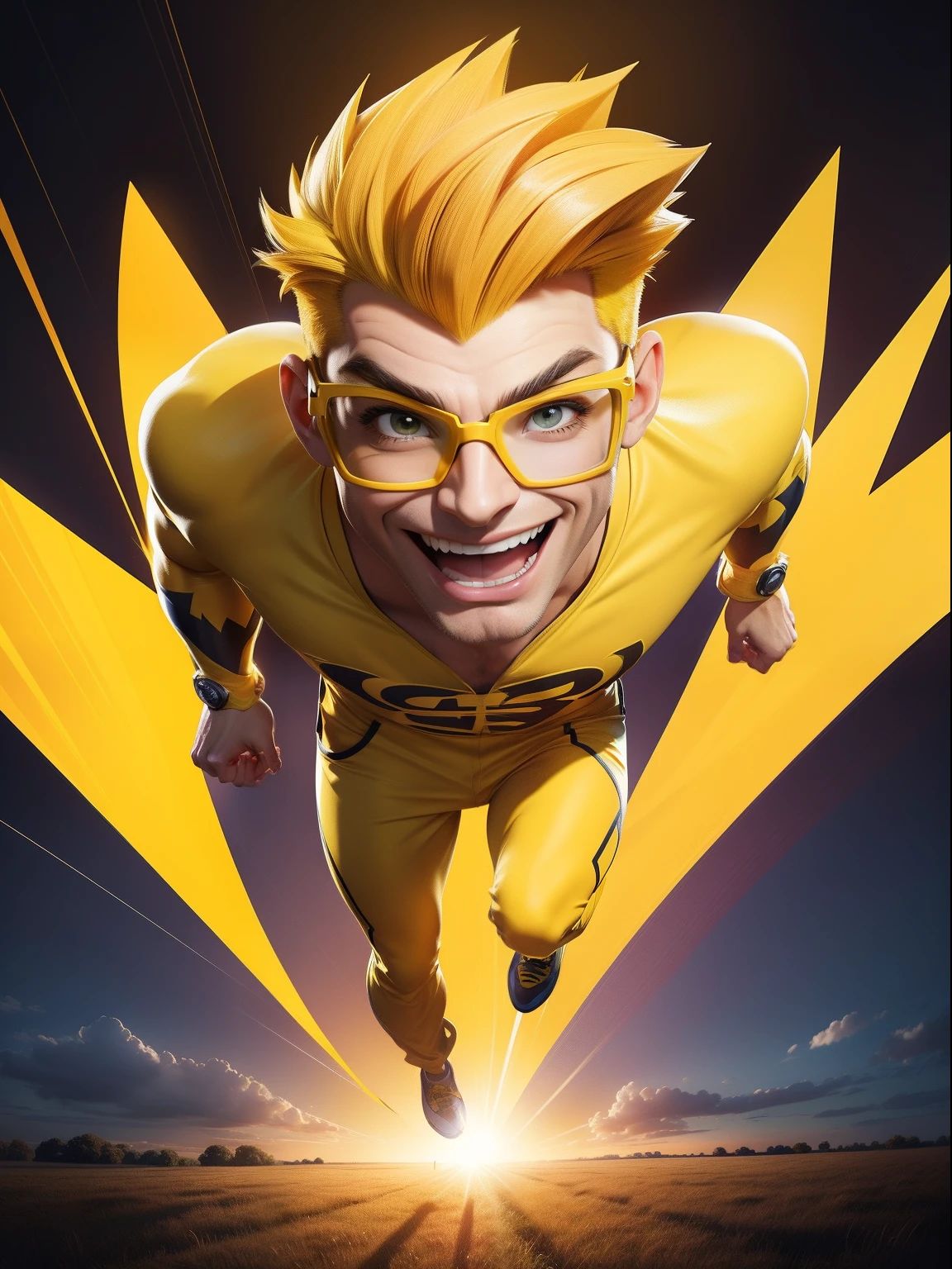 bottom view image, image full body man with yellow quiff hair, wearing yellow glasses, yellow clothes,wearing superhero style outfit with cape, doing superhero pose, speaking, happy expression,great image quality on the face, body ,with a background of a field with lots of grass and trees,,style of a Disney Pixar cartoon