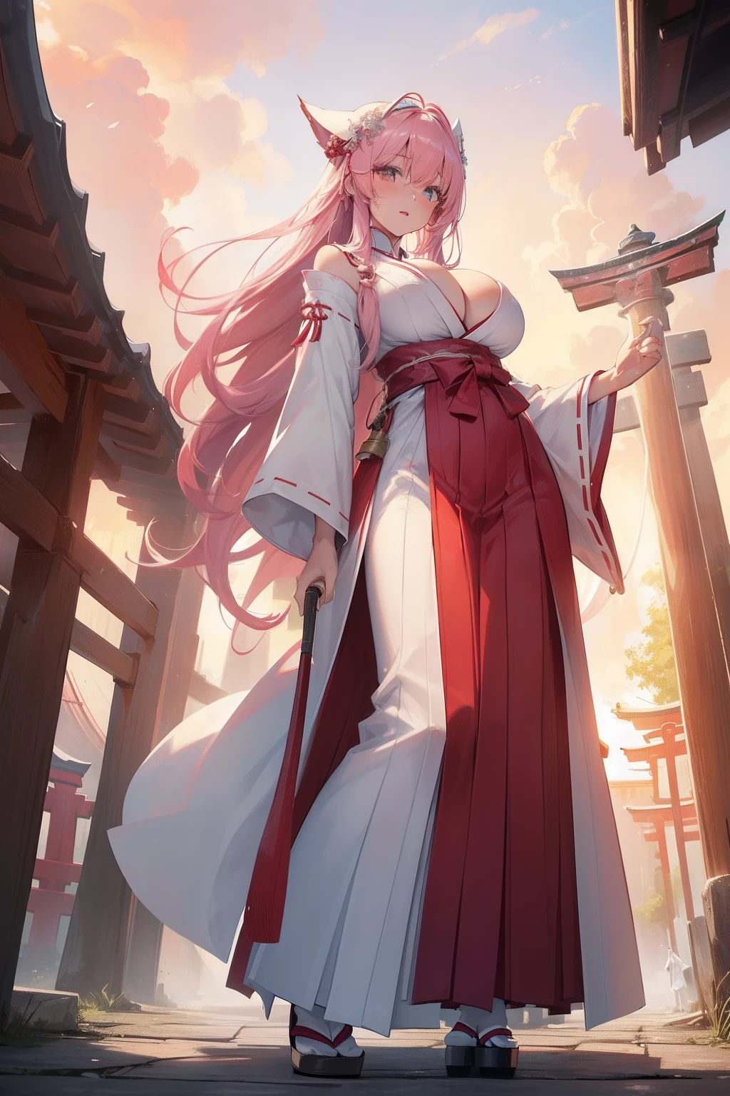 ((SFW:0.8)), Ultra High Resolution, (8K, Raw photo, Best Quality, masutepiece:1.2), high-definition RAW color photography, professional photograpy, (Realistic, photographrealistic:1.37), An ultra-fine illustrations, textile shading, Cinematic lighting, (1womanl, 26 years old), Very beautiful, White skin, Real Human Skin, (Fine detailed face:1.2), oval-face, BREAK, slim, (huge-breasted:1.4, Sobbing the chest:1.37, Big Tits, Big cleavage:1.2), Glamorous, (Lifter Gloss, Eyelashes, gloss-face, Best Quality, Broad lighting, Natural Shading), BREAK, Medium Long Hair, Thin, Shaggy, Wavy, A pink-haired, Bangs, Hair over one eye, BREAK, (Holding a Japan sword:1.35, Play with Fox), ((Wearing a white priestess uniform:1.35, With burgundy hakama:1.3)), (((Shrine of Japan, torii gate, stone lantern, plein air))), ((lightsmile, Open mouth:1.5, a sultry, blush)), ((Full body:0.0, From below:1.5, Dynamic Angle:1.2, Look at viewers:1.3, Dynamic Posing:1.3)), Blurry background, Bokeh, depth of fields, Ankle Focus:1.3, Centered image, (Correct anatomy:1.5),