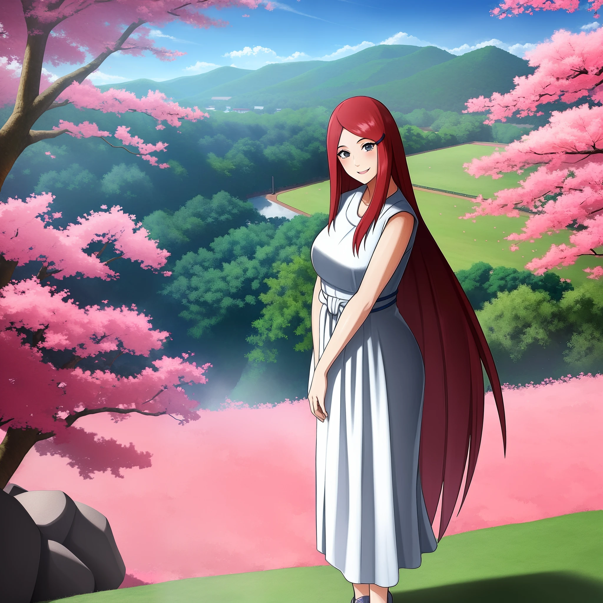 uzumaki_kushina, large_breasts, standing, solo, kushina_green_dress, masterpiece, best quality, detailed face, detailed eyes, highres, smile, happy, cherry blossom trees, onsen, point of view,