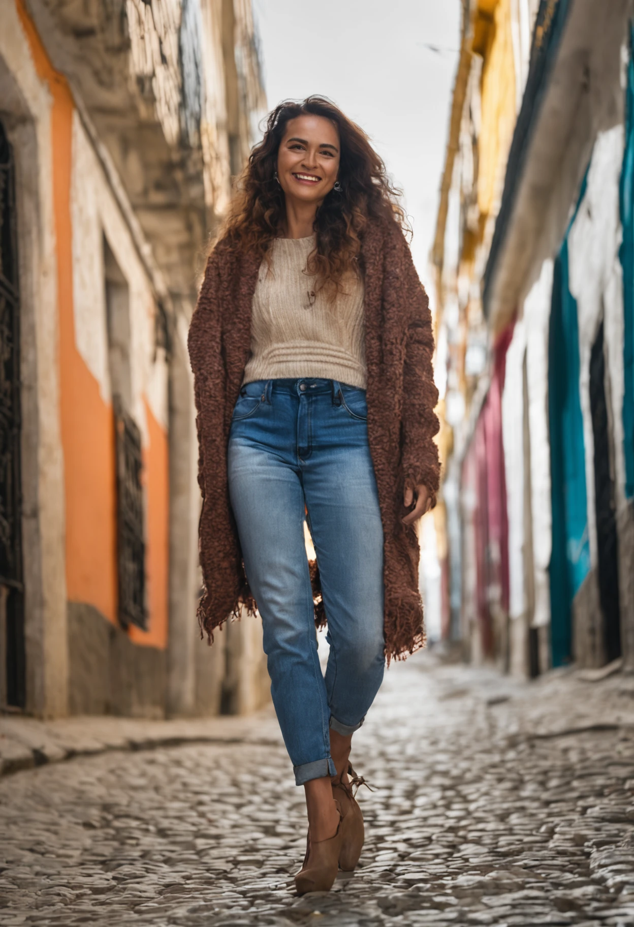 Foto RAW, uma bela mulher latina, longos cabelos castanhos, wearing a luxurious sweater of cold, sorriso brando, em lisboa portugal