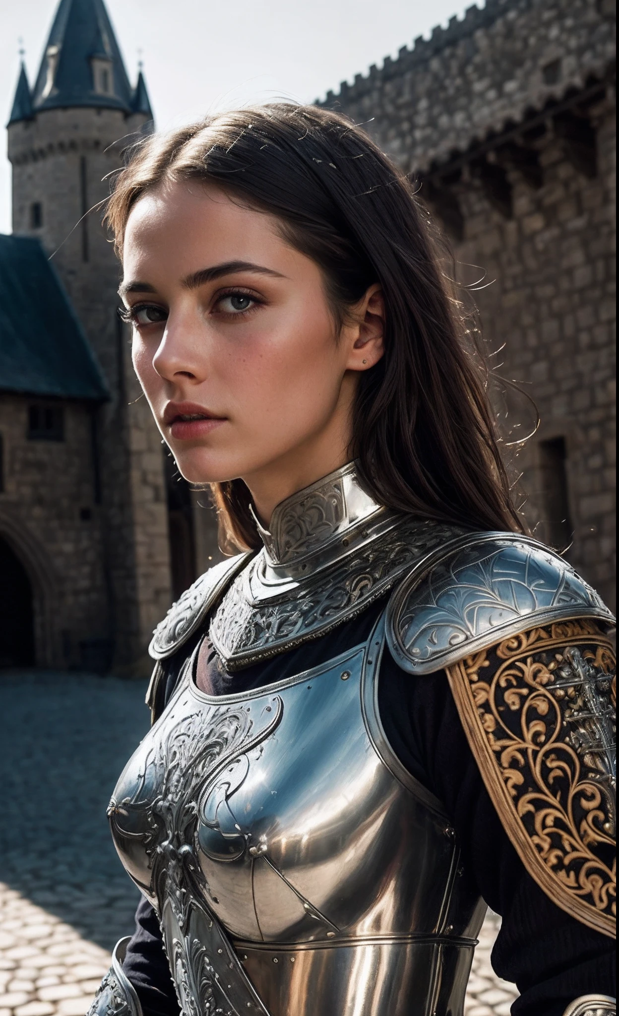 (masterpiece), (extremely intricate:1.3), (realistic), portrait of a girl, the most beautiful in the world, (medieval armor), metal reflections, upper body, outdoors, intense sunlight, far away castle, professional photograph of a stunning woman detailed, sharp focus, dramatic, award winning, cinematic lighting, octane render, unreal engine, volumetrics dtx, (film grain)