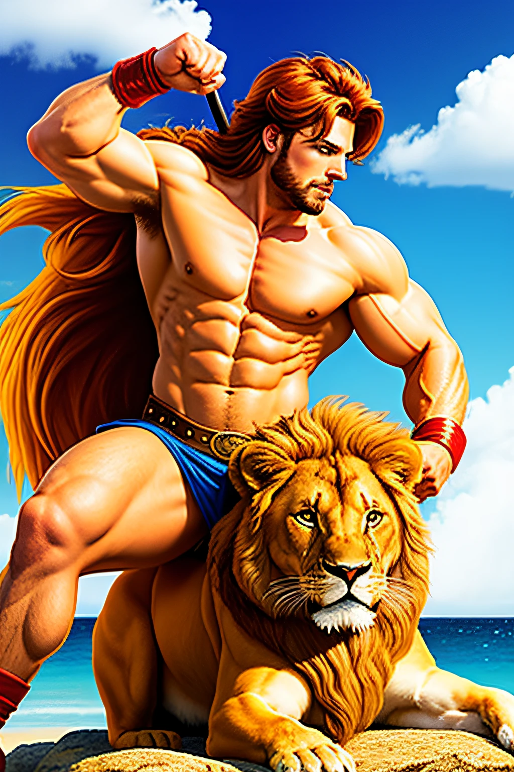 Create an image for YouTube video with the hero Hercules fighting with a lion in 16x9 format