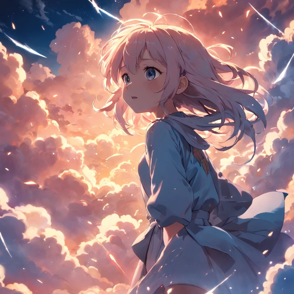 masterpiece, best quality, movie still, 1girl, cloud girl, floating in the sky, close-up, bright, happy, warm soft lighting, sunset, (sparks:0.7)