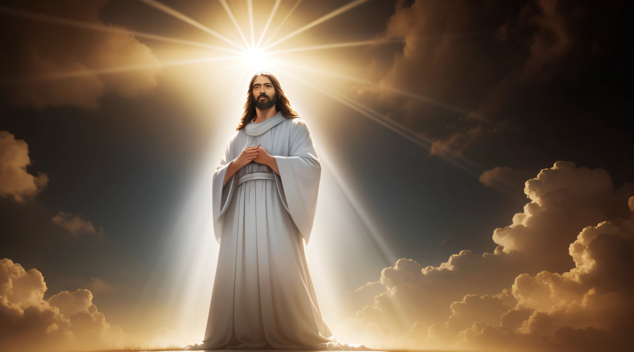 Jesus Christ in humble white clothes in the clouds toward the gates of heaven, insanely realistic with rays of light on his face