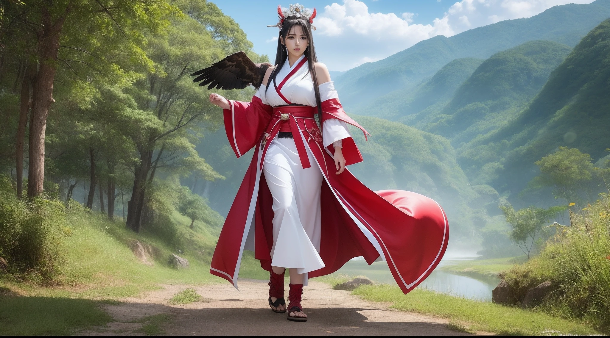 corpo inteiro,Anime – Woman in style in red and white costume with eagle, nakoruru, Goddess of the Japan, Anime Garota Cosplay, nakoruru holding eagle, deusa, Cosplay Fotos, donzela bonita, Anime cosplay, mulher bonita sedutora do anime, menina anime sedutora, Cosplay de nakoruru, garota anime da vida real, Samurai shodown, corpo inteiro, foto em 8k