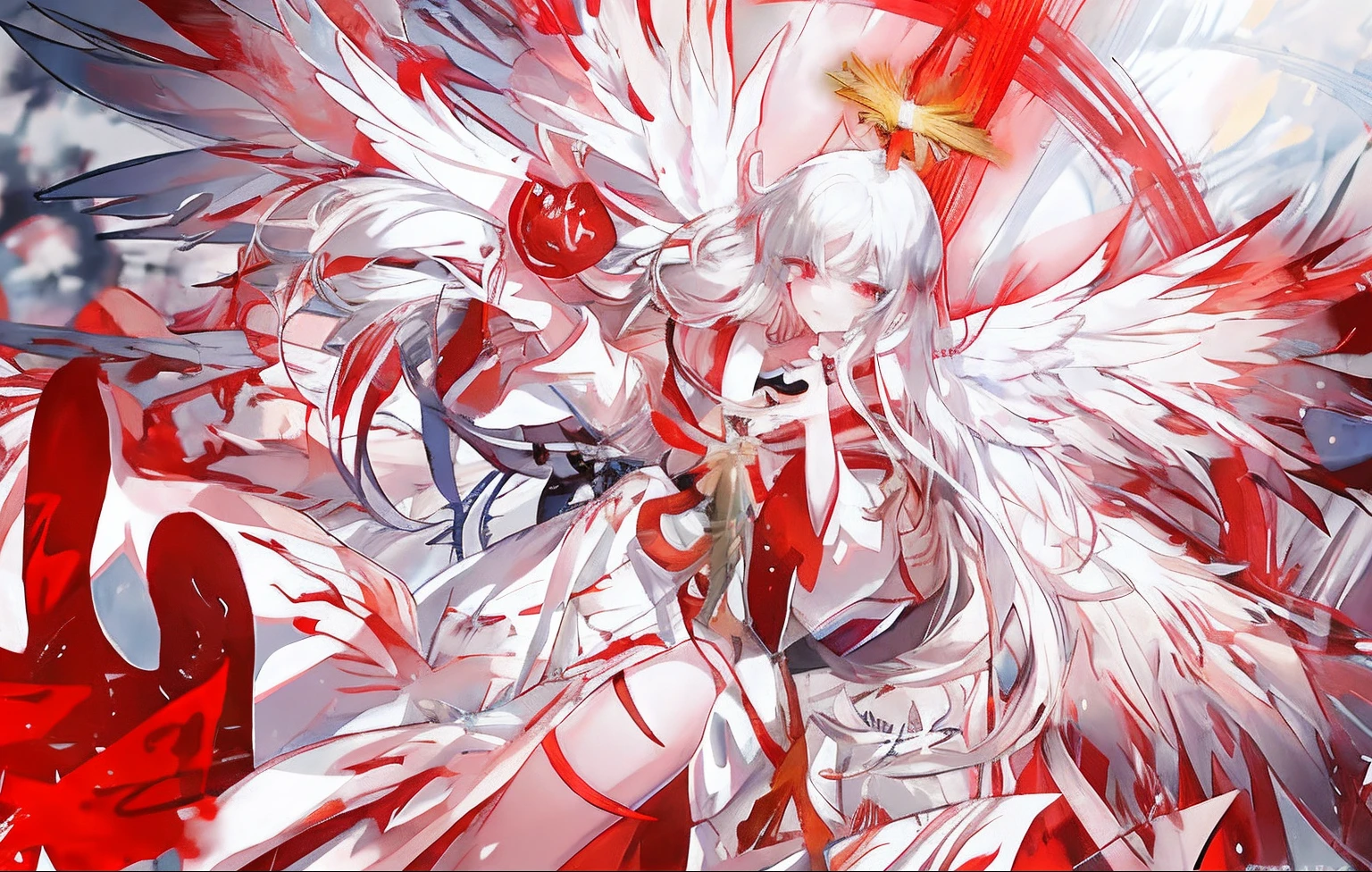 anime, anime girl, angel, red, white, wings, red, red, white, wings, angel, wings, wings, wings, wings, wings, white haired deity, detailed anime art, demon anime girl, detailed key anime art, detailed anime artwork, clean detailed anime art, high definition anime art, digital art on pixiv, anime abstract art