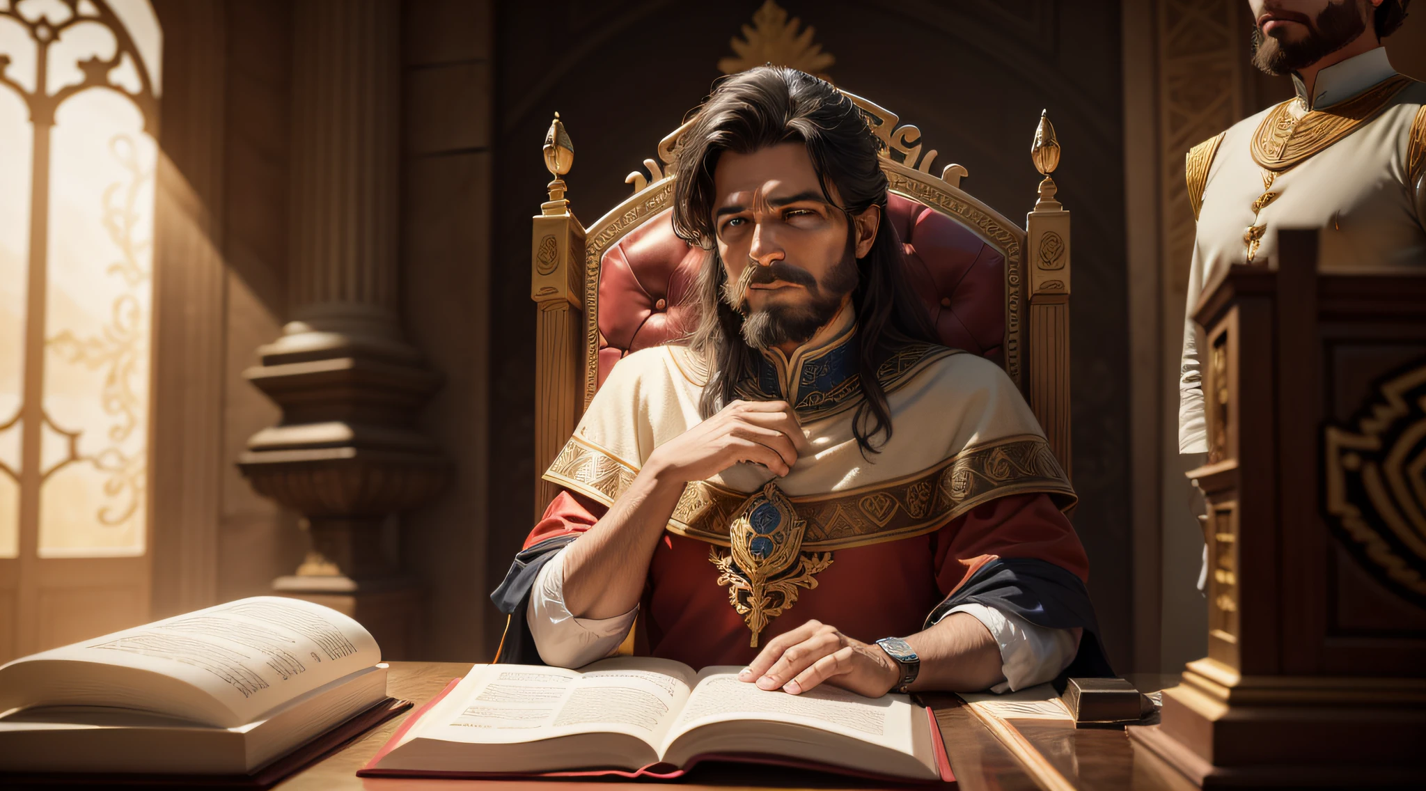 uma foto de um rei assinando um decreto, historia de fundo: trono do rei, Representação bíblica épica de Daniel in the lions den, Senhor das Bestas, Deus olhando para mim, Directed by: Howard Lyon, Senhor da Selva, bible illustration, biblical image, Directed by: Leonardo Longo, Rei da selva, prophetic art