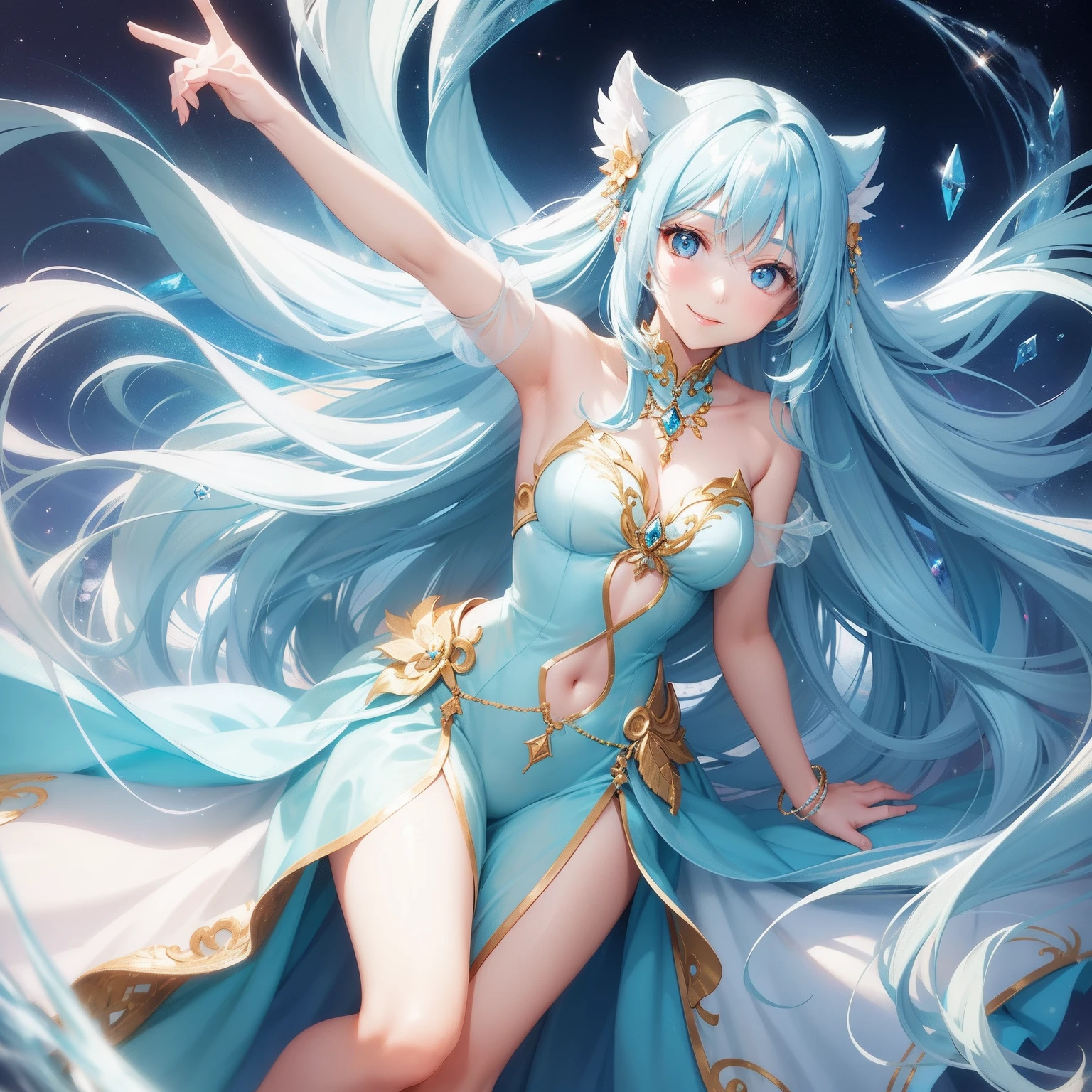 Cute Girl, Smile, Light blue long hair, Vibrant colors, ethereal beauty, magical aura, seducting smile, Flowing gown, mystic atmosphere, Sparkling Crystal, Celestial Guidance, a captivating gaze, Otherworldly charm, captivating performance, Transcendent vocals