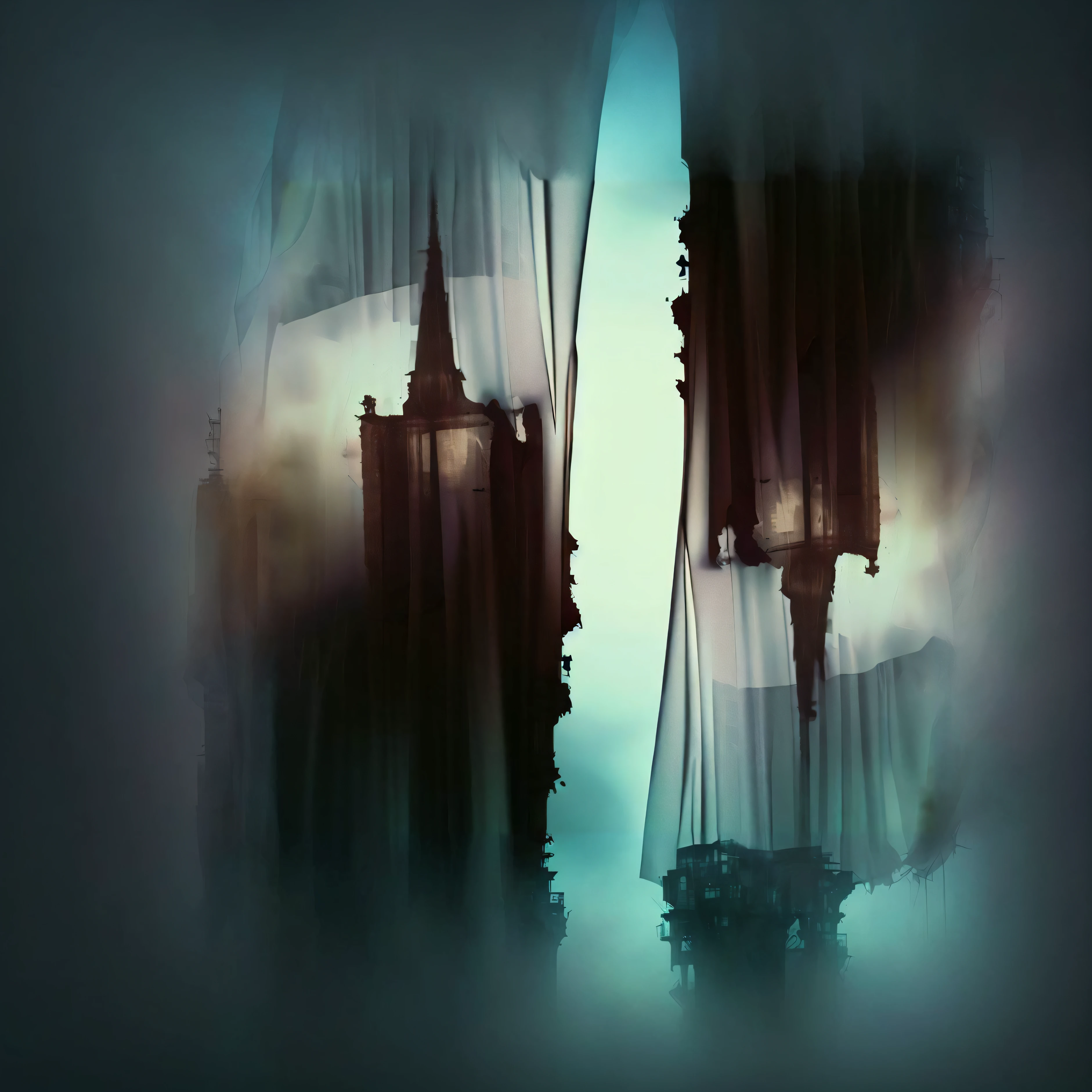 There are two clocks in the tower of a building behind a curtain, Gotham City Double Exhibition, Directed by: Anna Füssli, foto surreal, blurry and dreamy illustration, inspirado em Hugh Ferriss, Directed by: Bela Nagy Abodi, fotografia abstrata, double-exposure, double - exposure, surreal, double exposure, double exposure photography, vislumbre surreal