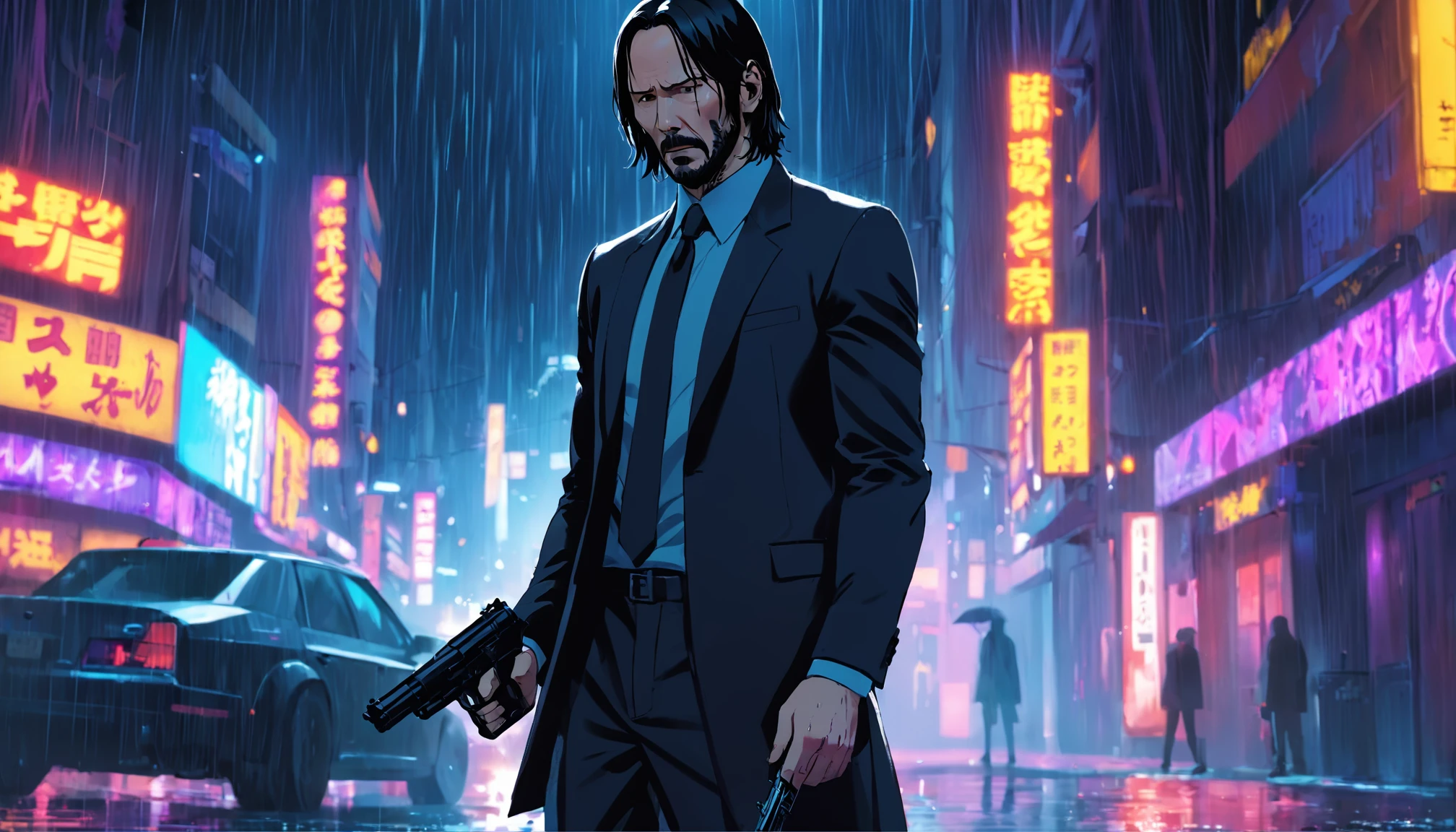 john wick holding a silenced pistol standing in the rain, black suit, city, neon lights, night.