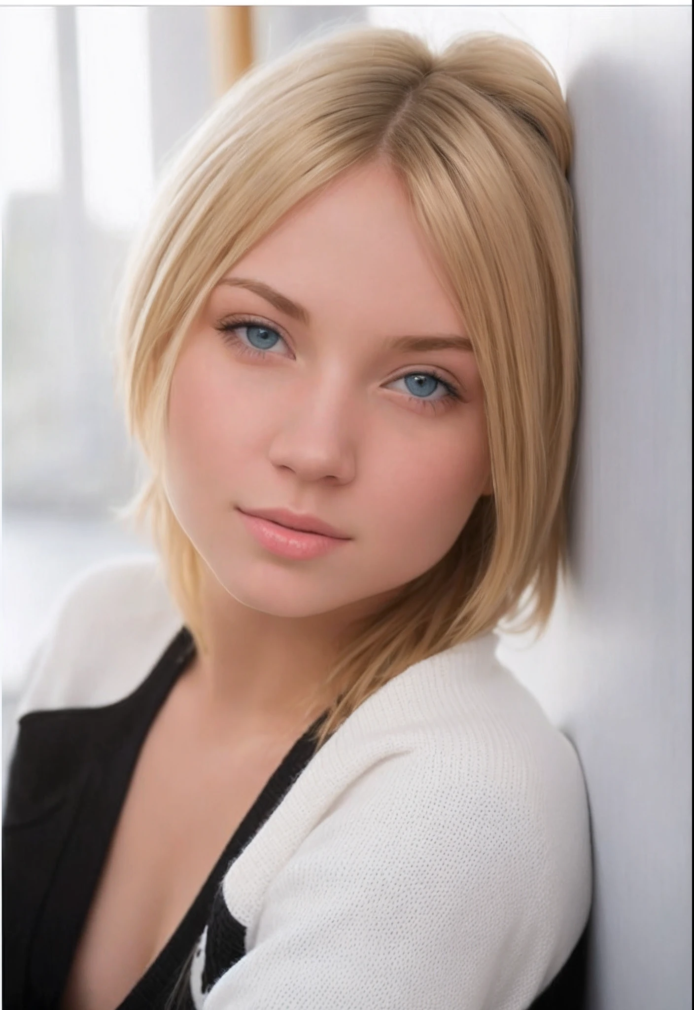 Blonde woman with blue eyes leaning against a wall with a white sweater, Sydney Sweeney, Olya Bossak, Sofia Emelenko, Dascha Taran, Jelena Belova, Hannah Yata Charlie Immer, portrait sophie mudd, taken in the early 2020s, gorgeous young model, blonde hair and large eyes, beautiful young girl