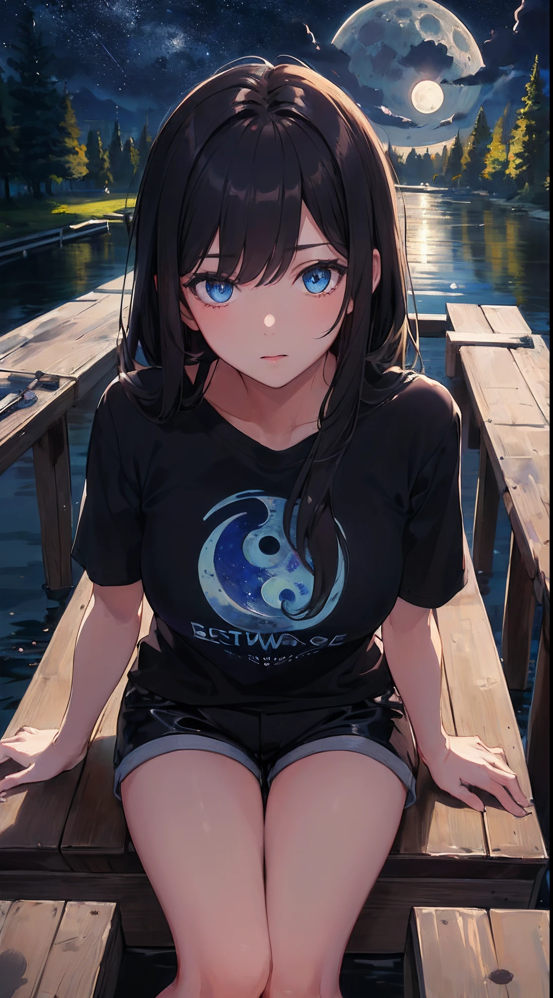 (((Clean, (Masterpiece:1.6), (Best quality:1.6), (Professional:1.4), (highly detailed:1.4), (HD:1.4),(HDR:1.4),(UHD:1.4),16K))), 1young_woman, solo, mature and sexy, perfect body, big boobs, black long straight hair, bangs, expressive eyes, seductive eyes, (dark blue eyes:1.5), perfect face, (looking at viewer), (blush), (Blue Tshirt:1.6), (Black shorts:1.4), Sitting in a wooden boat, (POV), large pond of water, Trees far away, ((Night Starry Sky, Moon))